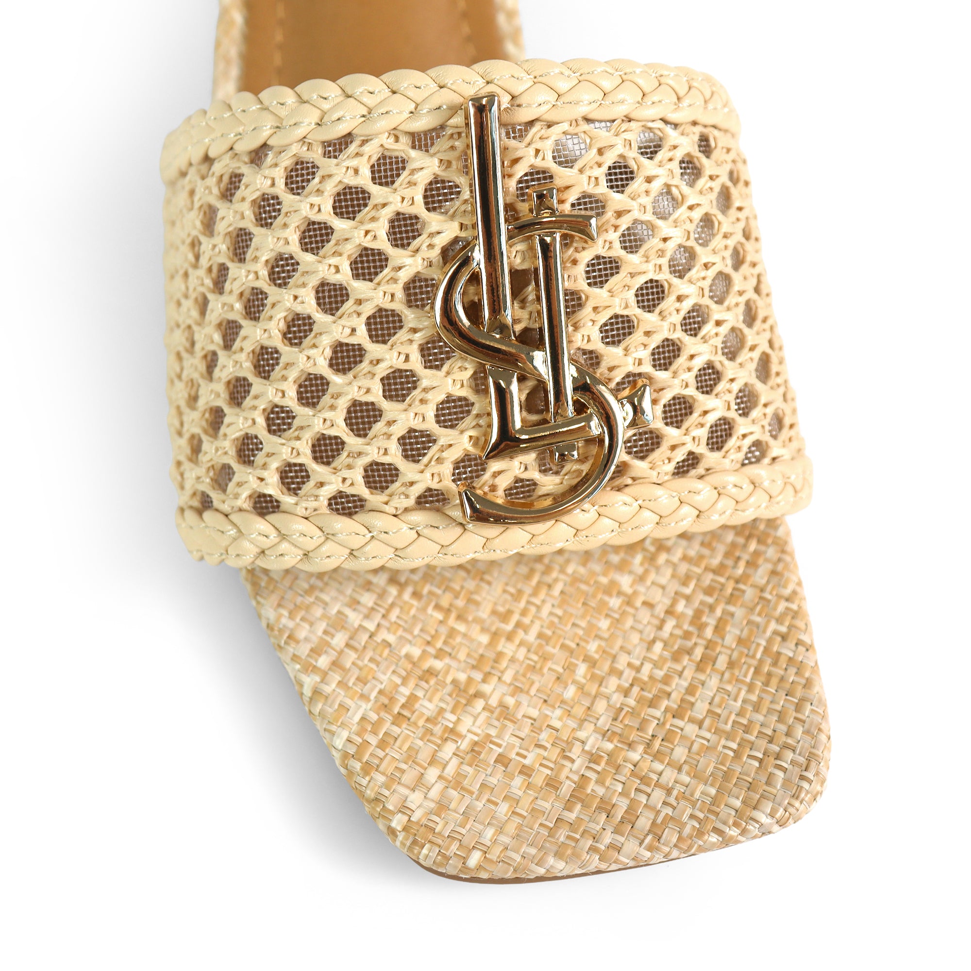 IRENE-3 ALMOND OPEN TOE WOVEN RAFFIA MULE W/CHUNKY HEEL NATURAL