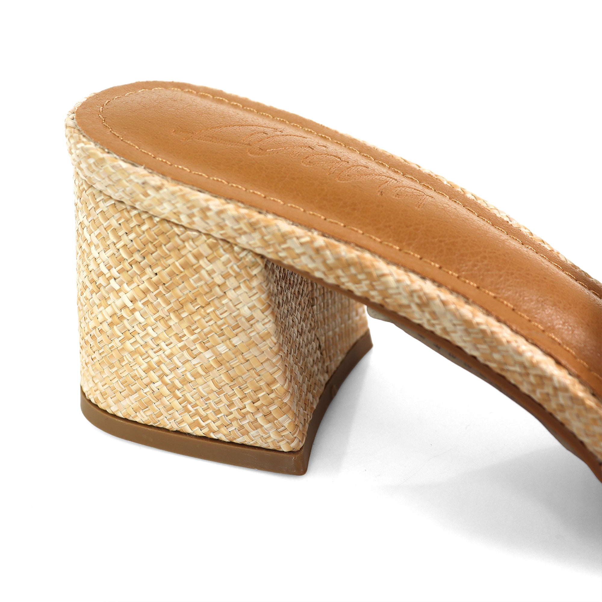 IRENE-3 ALMOND OPEN TOE WOVEN RAFFIA MULE W/CHUNKY HEEL NATURAL