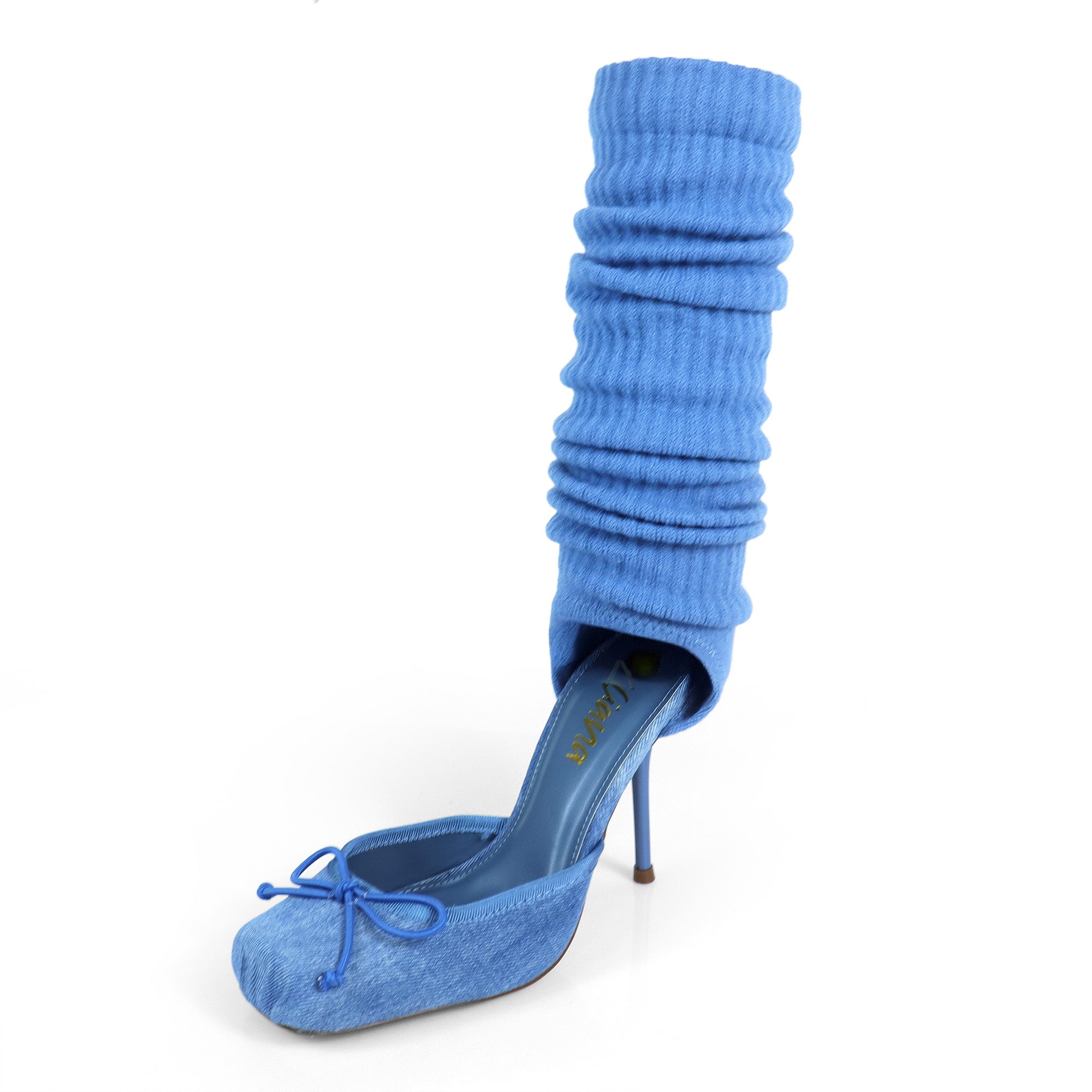 ITZA-2 POINTE TOE KNEE HIGH SOCK PUMP W/ STILETTO HEEL DENIM