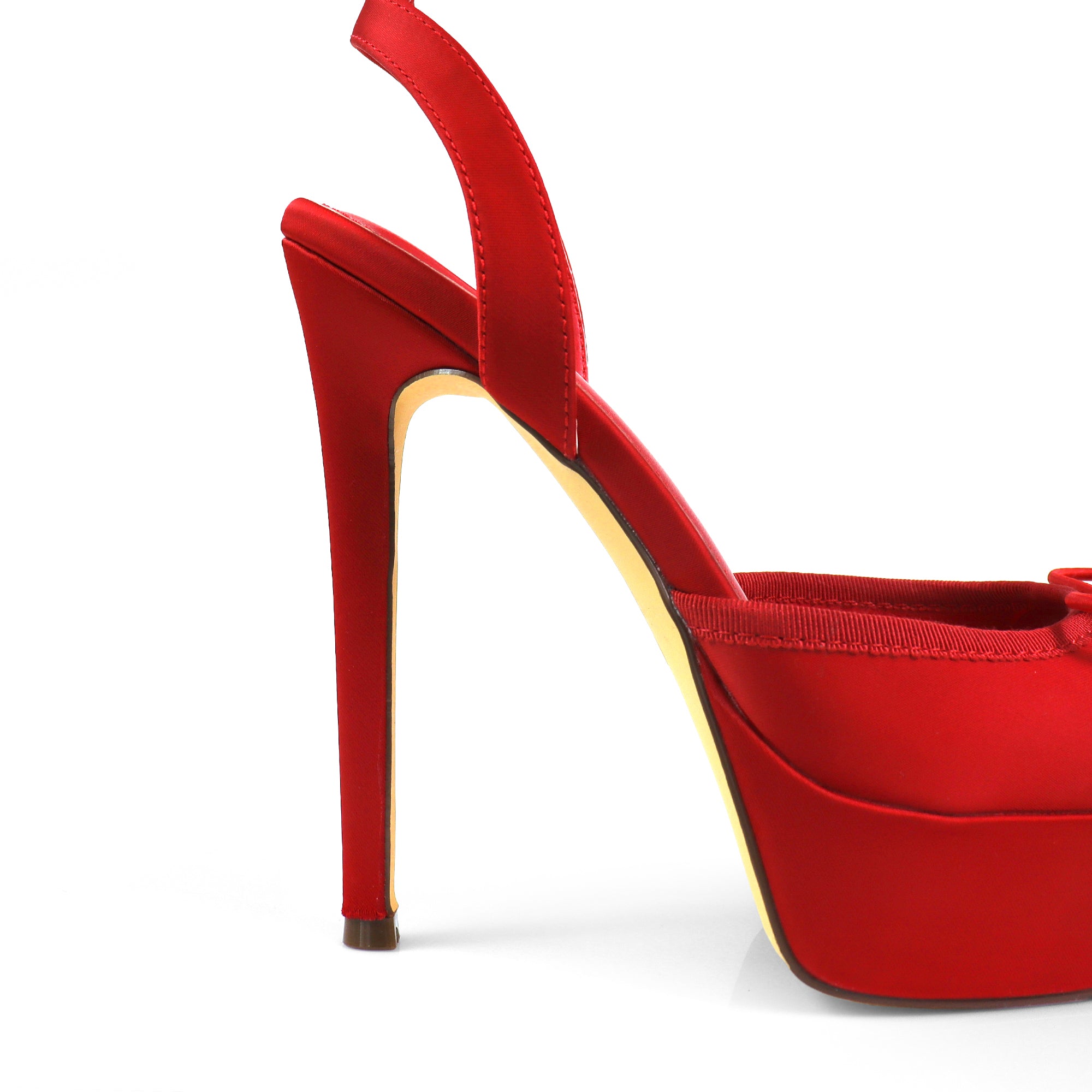 ITZY-5 BALLERINA TOE SATIN PLATFORM ANKLE STRAP W/ HEEL RED