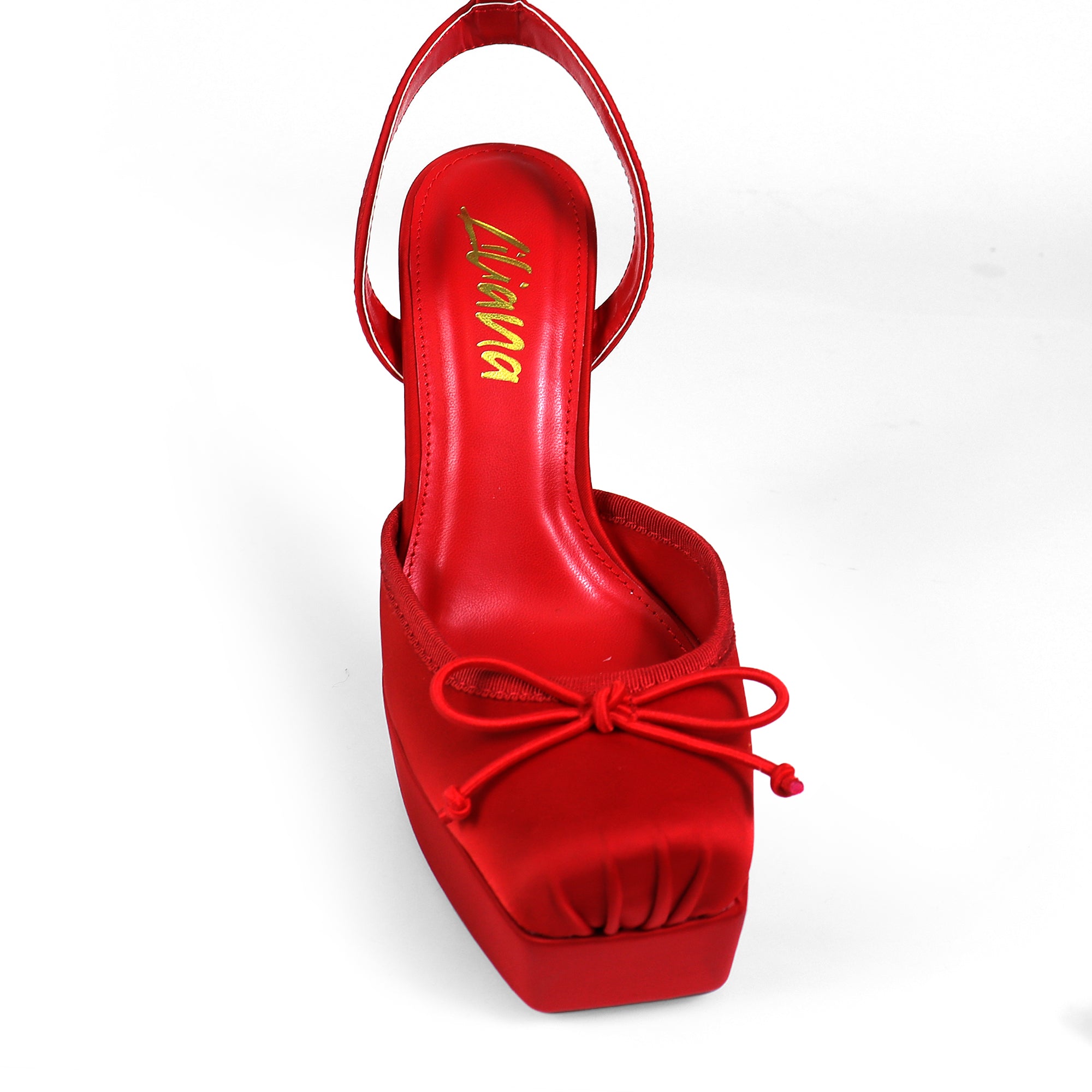 ITZY-5 BALLERINA TOE SATIN PLATFORM ANKLE STRAP W/ HEEL RED