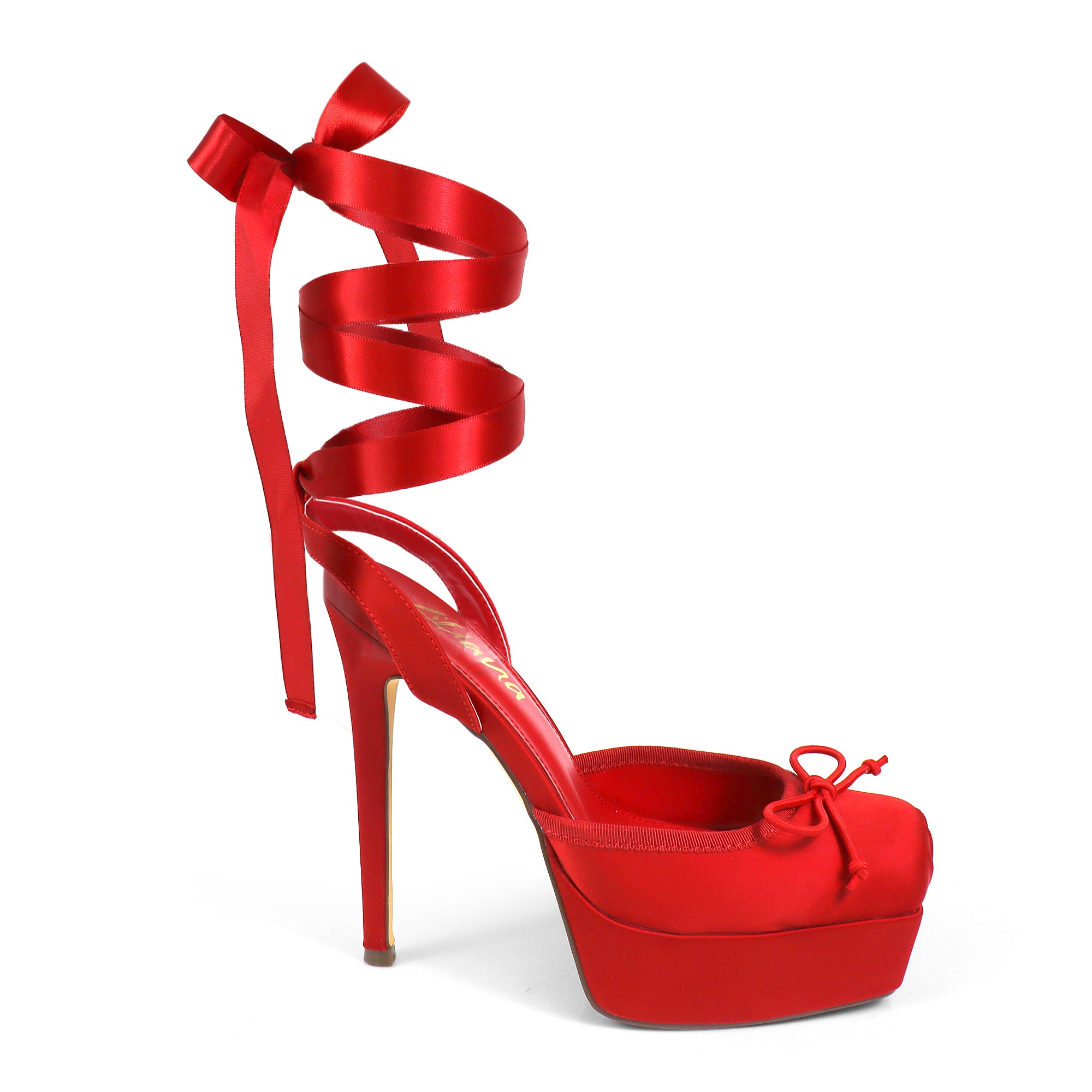 ITZY-5 BALLERINA TOE SATIN PLATFORM ANKLE STRAP W/ HEEL RED