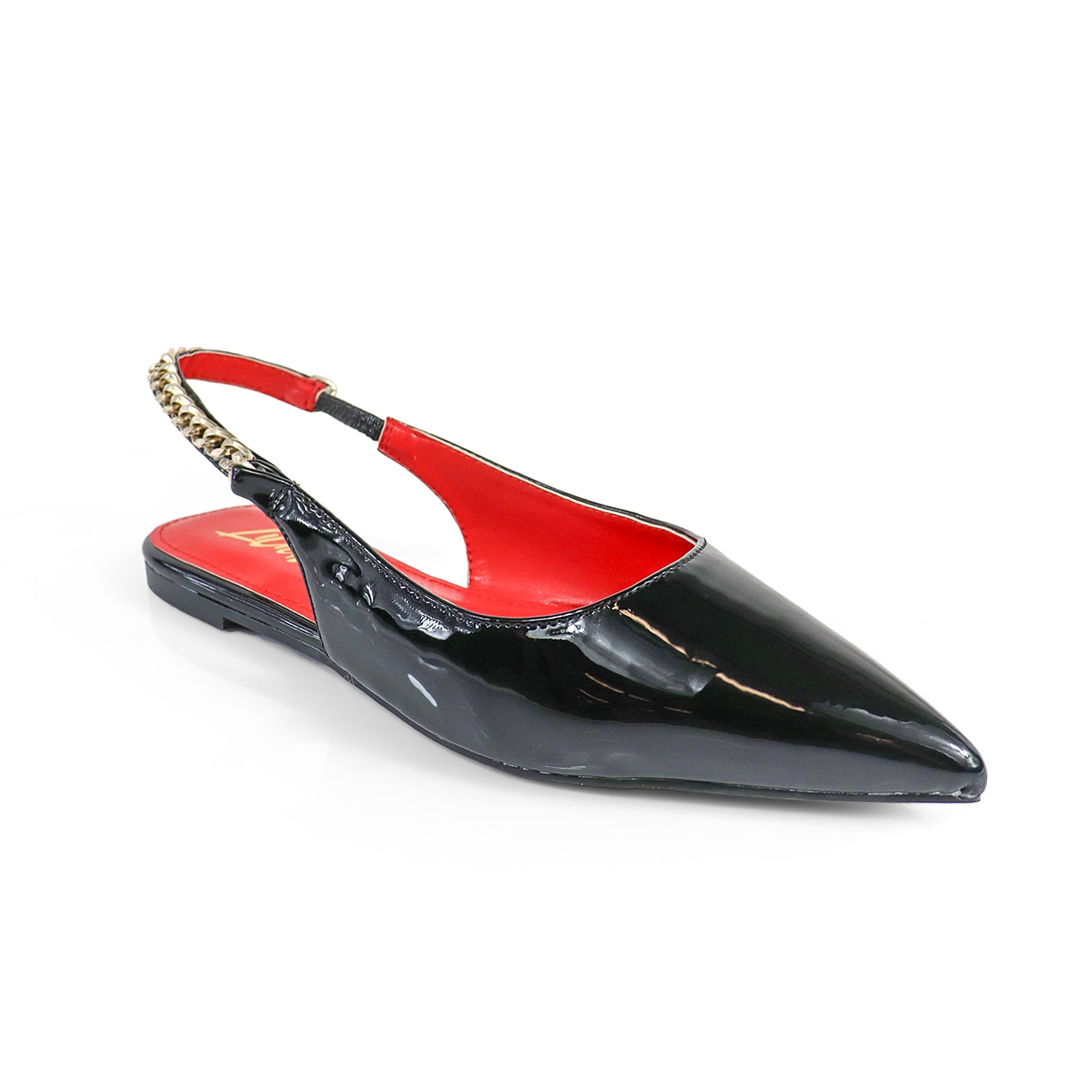 IVY-78 POINTED TOE  PATEND FLATS W/ CHAIN BLACK