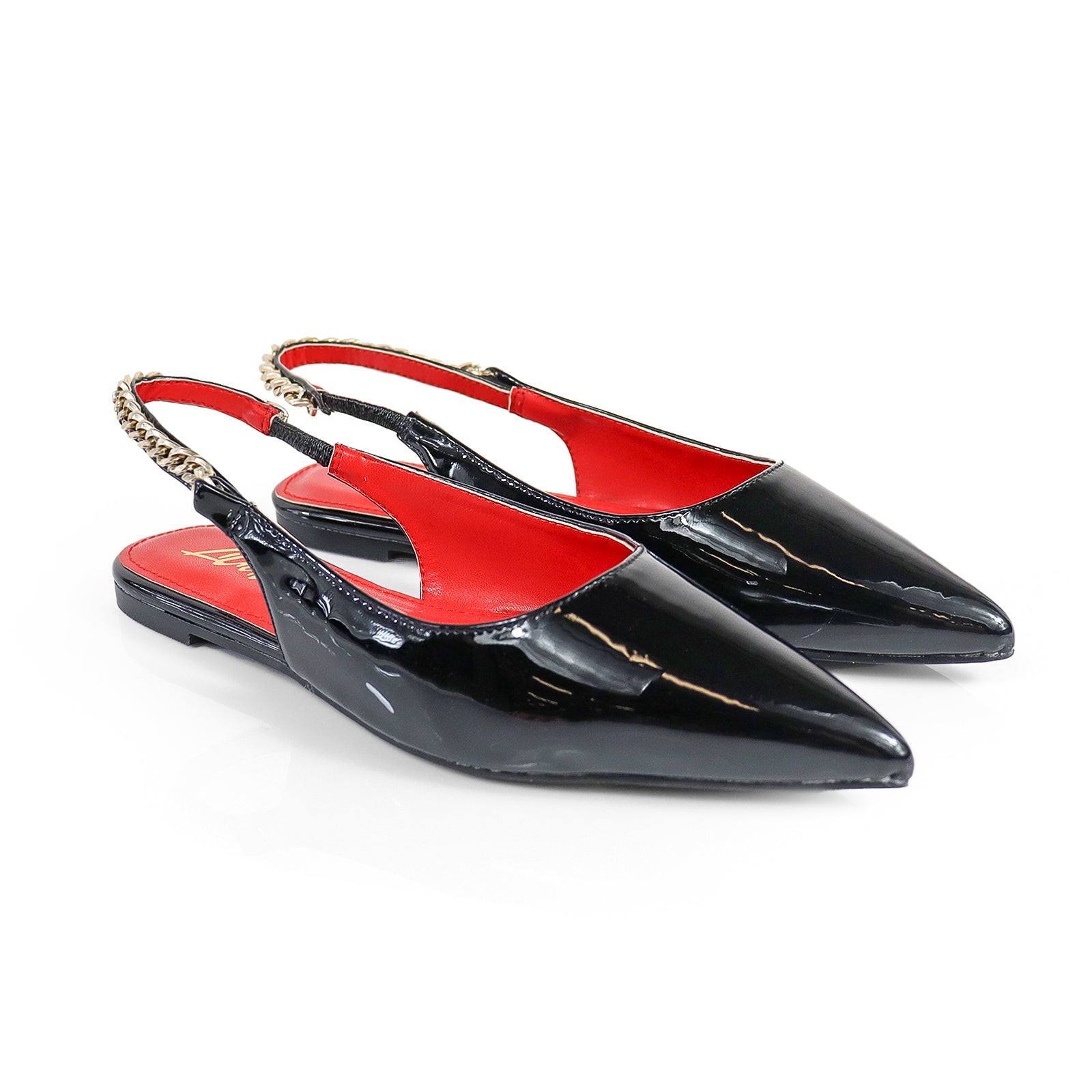IVY-78 POINTED TOE  PATEND FLATS W/ CHAIN BLACK