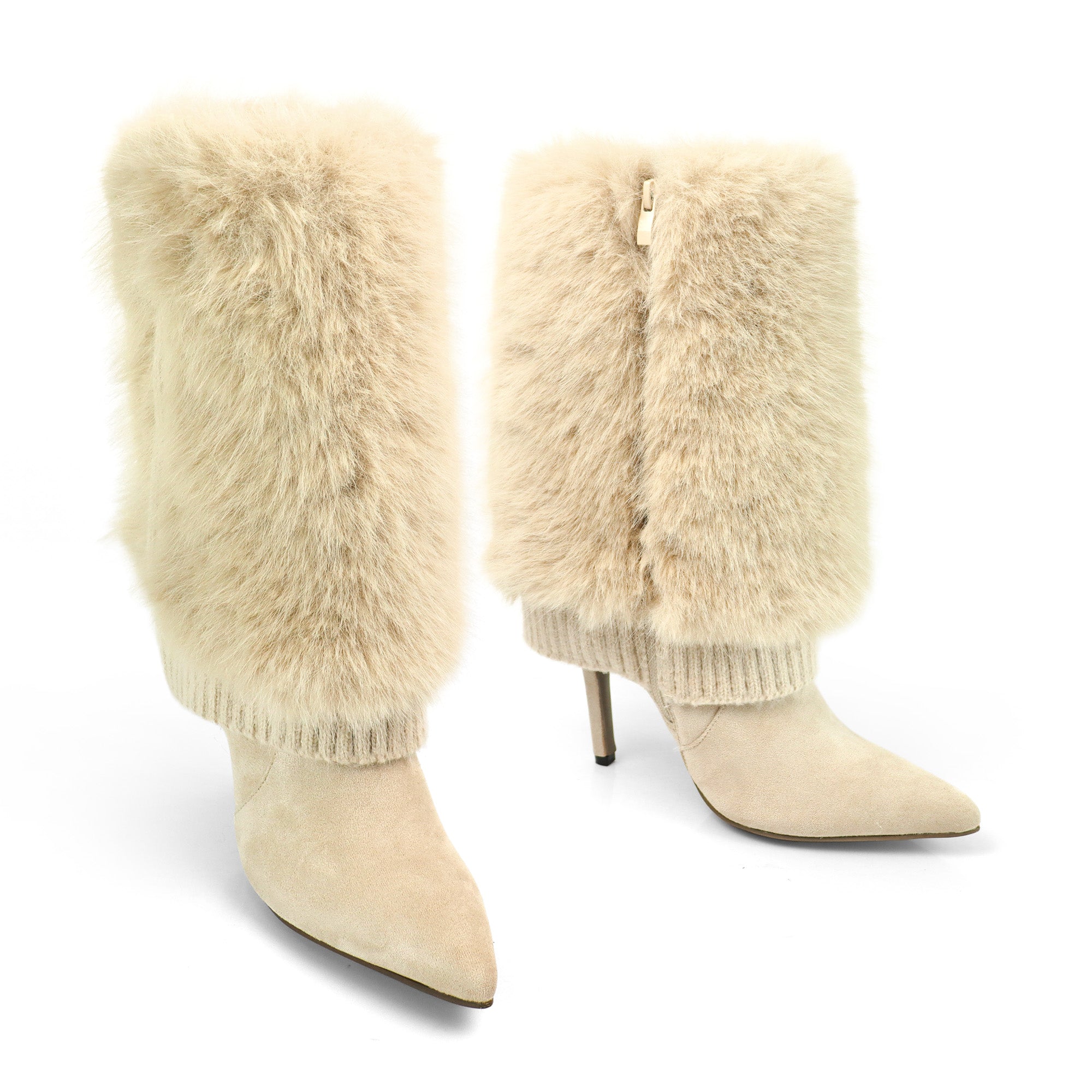 IZABELLA-1 POINTED TOE FOLDED KNIT BOOT W/ HEEL CREAM