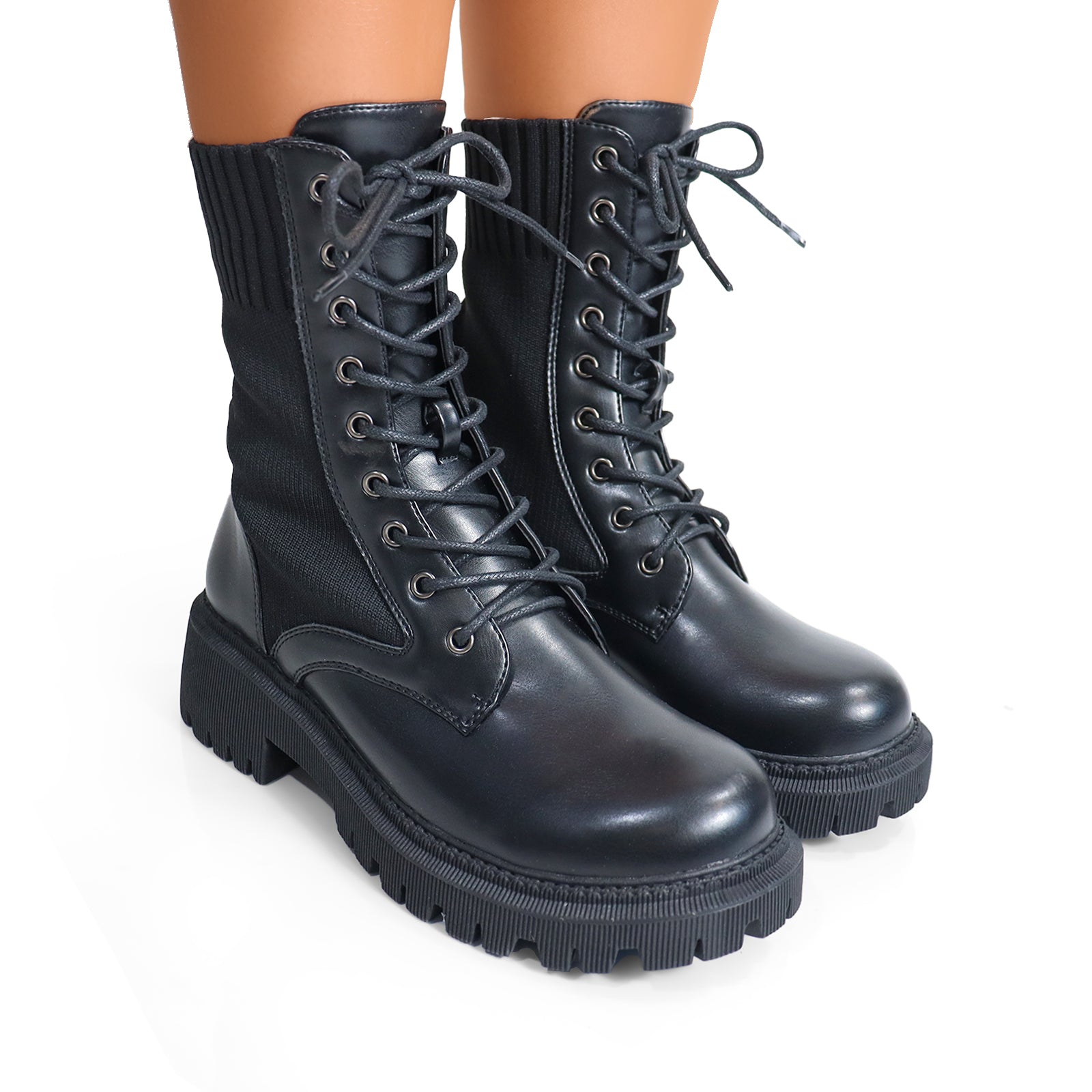 JACK-1 LACE UP KNITTED CHUNCKY PLATFORM LUG SOLE BOOTI BLACK