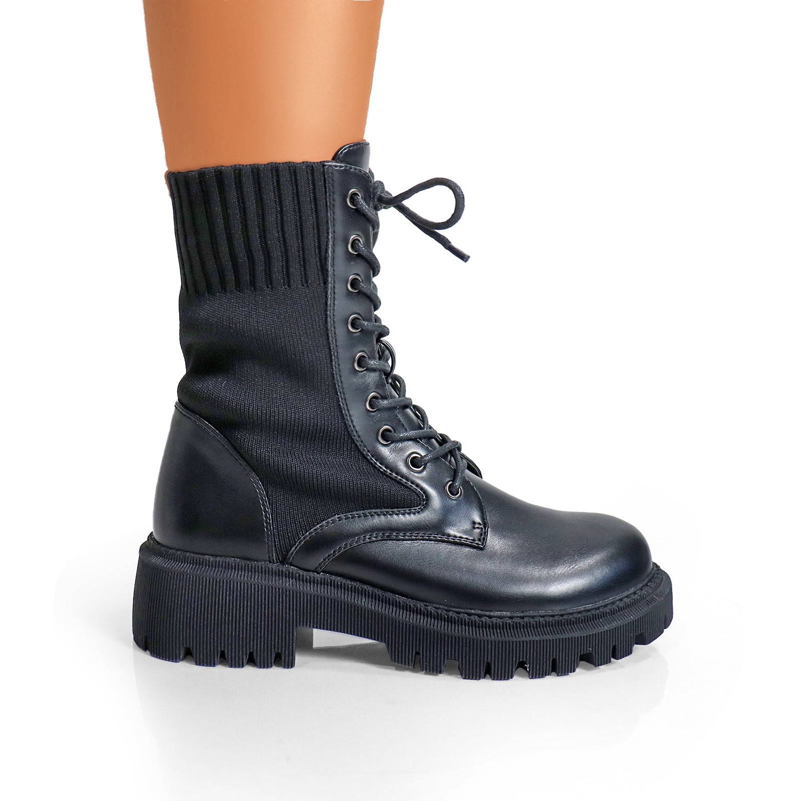 JACK-1 LACE UP KNITTED CHUNCKY PLATFORM LUG SOLE BOOTI BLACK