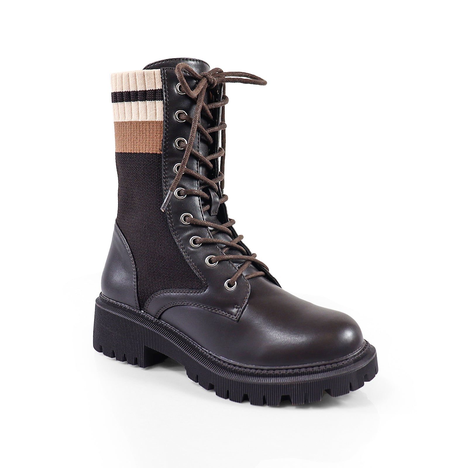 JACK-1 LACE UP KNITTED CHUNCKY PLATFORM LUG SOLE BOOTI CHOCOLATE MULTIPLE