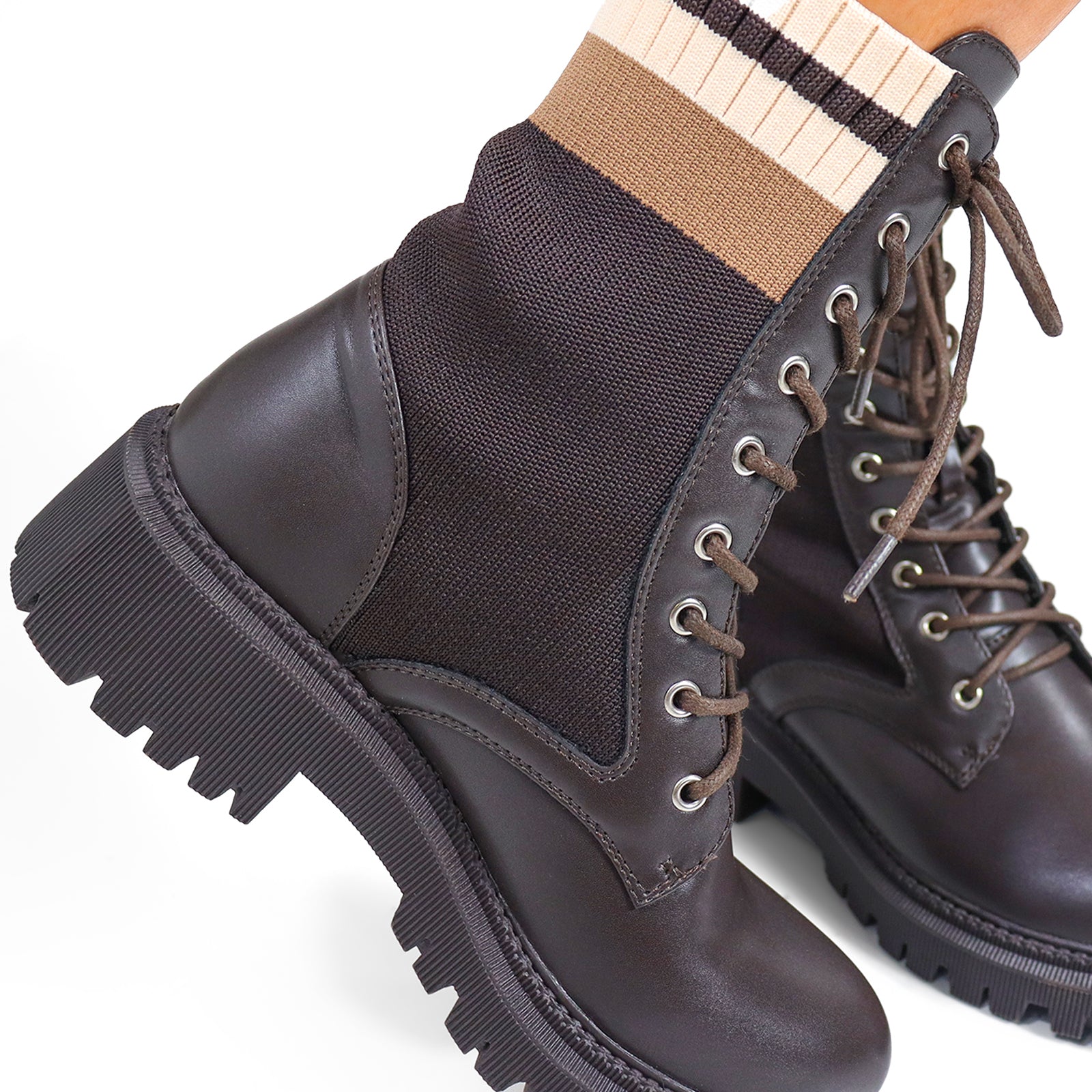 JACK-1 LACE UP KNITTED CHUNCKY PLATFORM LUG SOLE BOOTI CHOCOLATE MULTIPLE