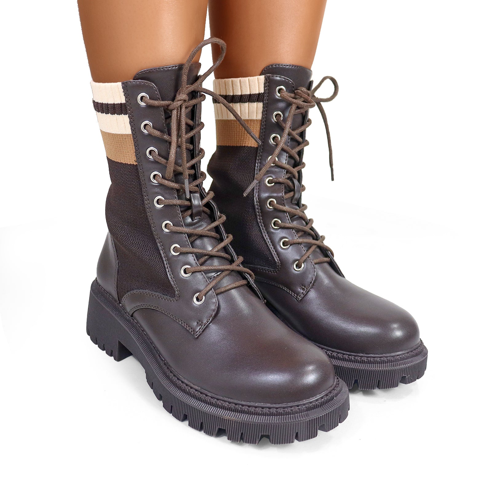 JACK-1 LACE UP KNITTED CHUNCKY PLATFORM LUG SOLE BOOTI CHOCOLATE MULTIPLE