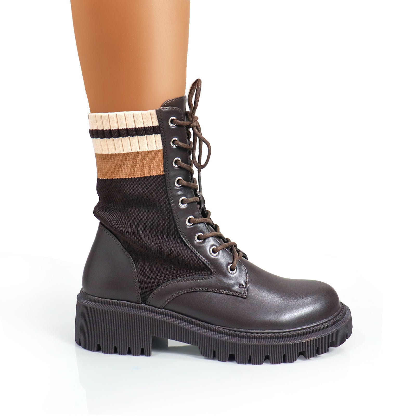JACK-1 LACE UP KNITTED CHUNCKY PLATFORM LUG SOLE BOOTI CHOCOLATE MULTIPLE