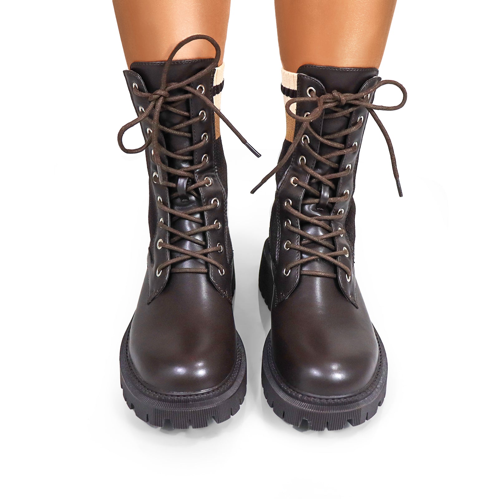 JACK-1 LACE UP KNITTED CHUNCKY PLATFORM LUG SOLE BOOTI CHOCOLATE MULTIPLE