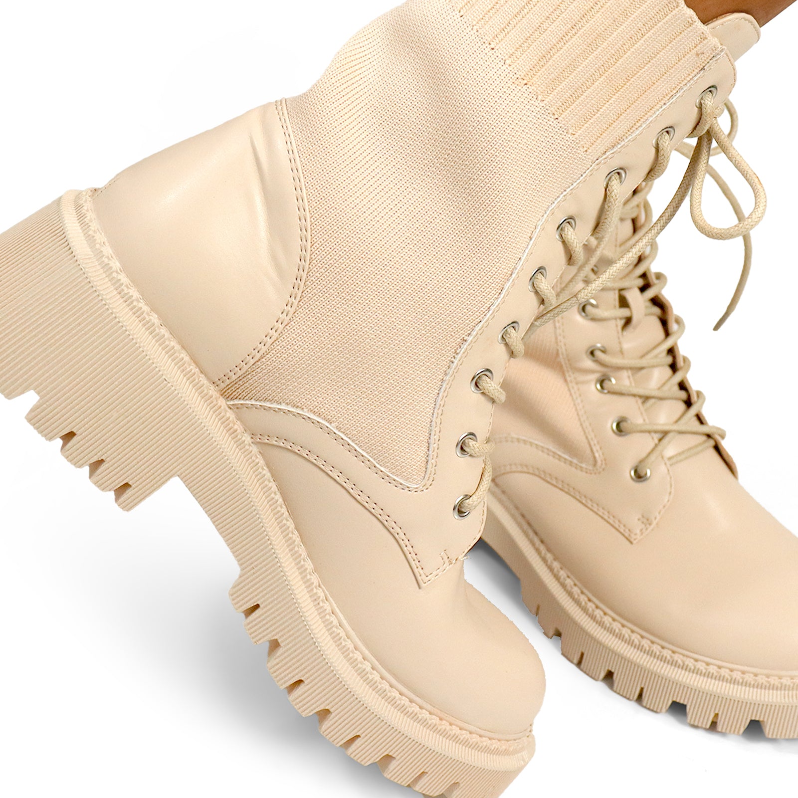 JACK-1 LACE UP KNITTED CHUNCKY PLATFORM LUG SOLE BOOTI CHOCOLATE CREAM