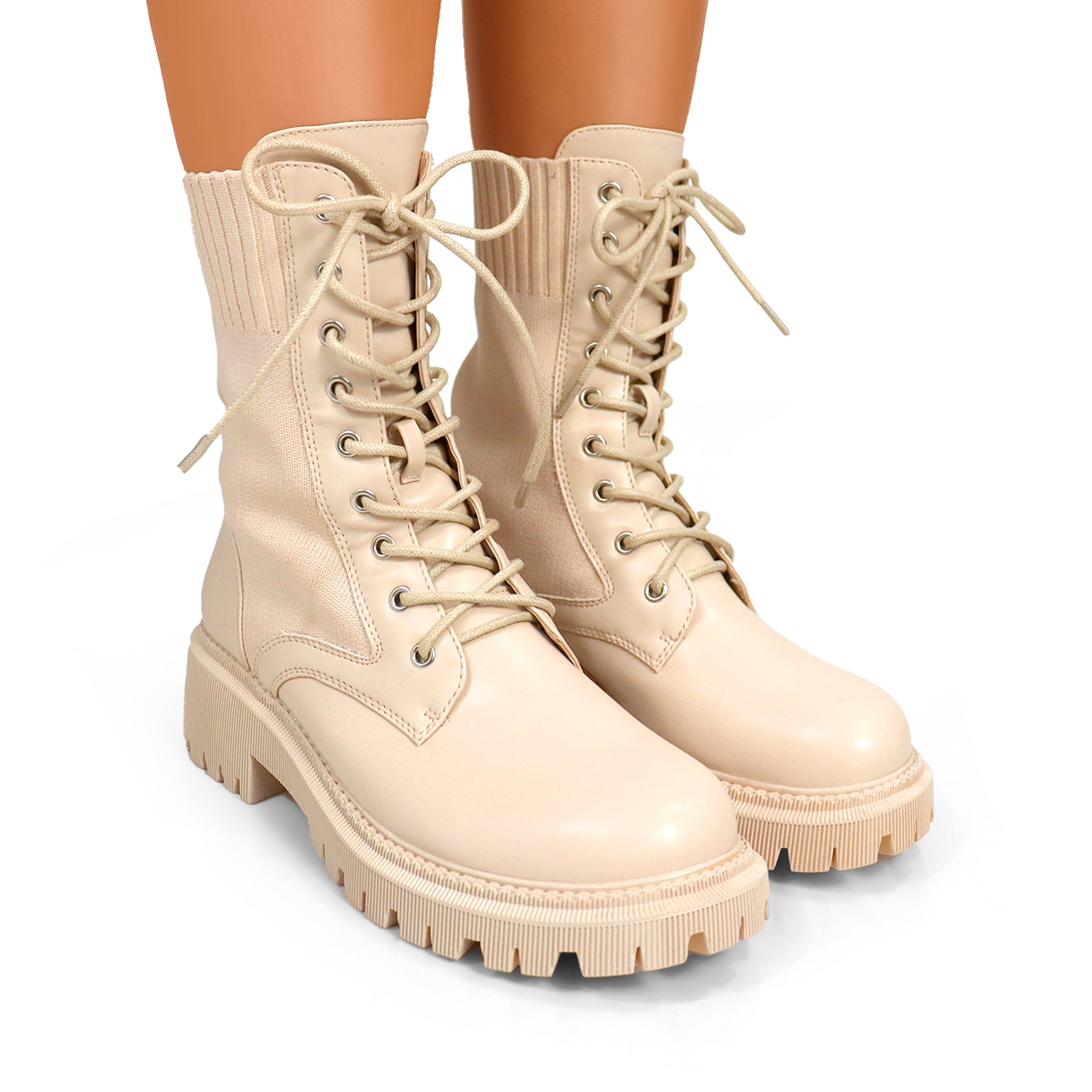 JACK-1 LACE UP KNITTED CHUNCKY PLATFORM LUG SOLE BOOTI CHOCOLATE CREAM