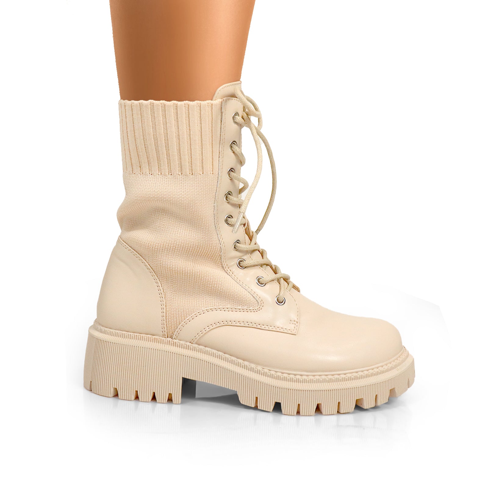 JACK-1 LACE UP KNITTED CHUNCKY PLATFORM LUG SOLE BOOTI CHOCOLATE CREAM