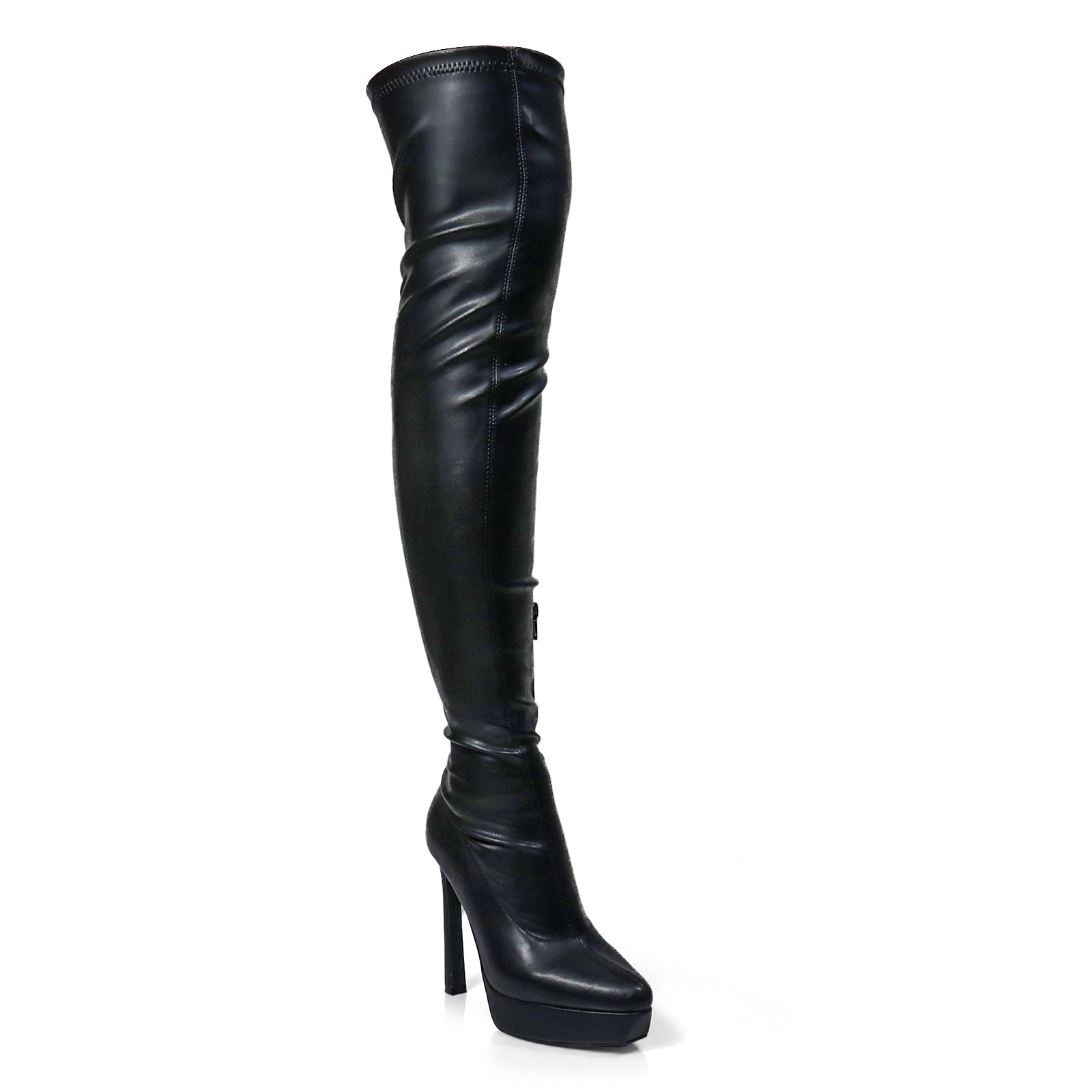 JADORE-1 POINTED TOE STRETCHY OVERKNEE HIGH BOOTS BLACK PU