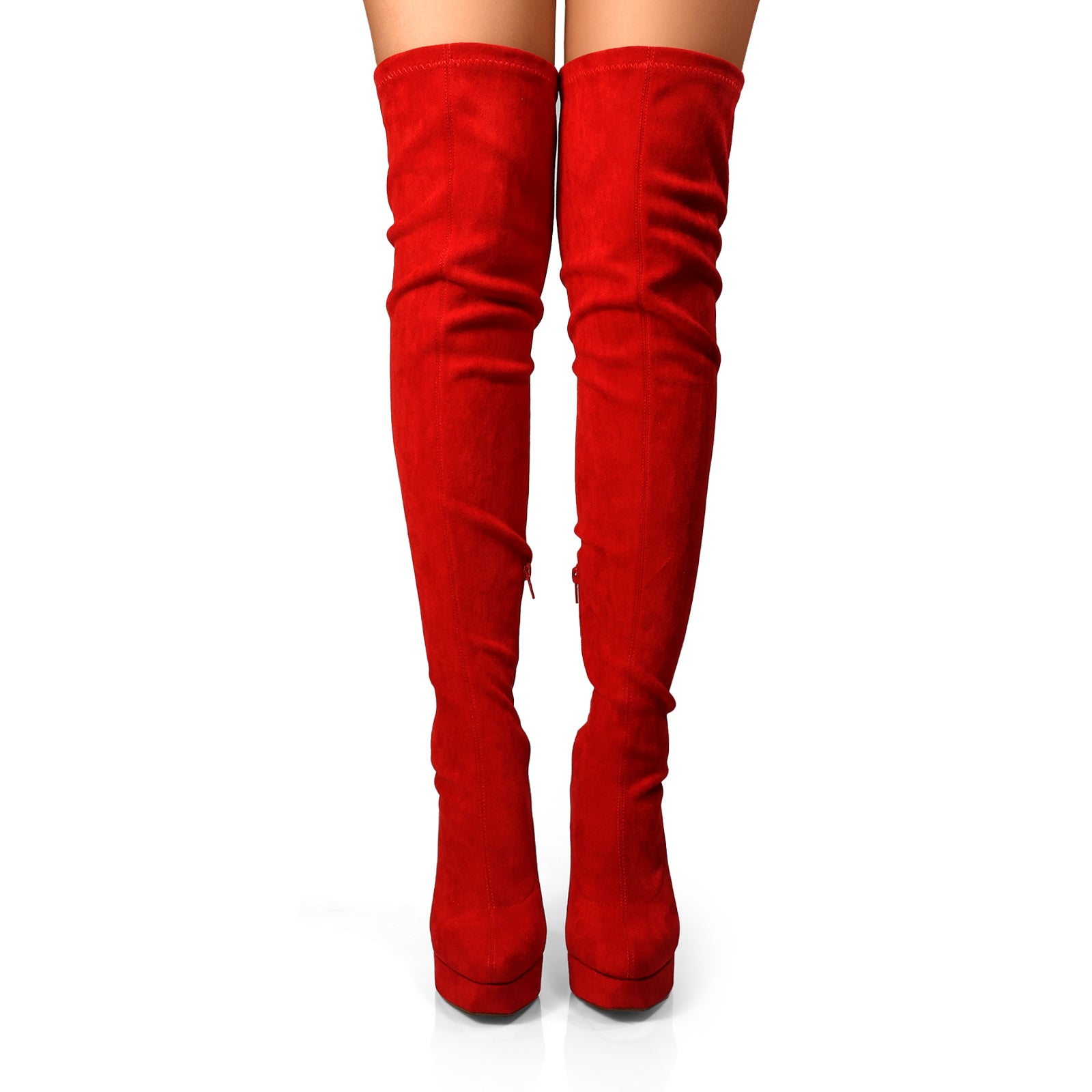 JADORE-1 POINTED TOE STRETCHY OVERKNEE HIGH BOOTS RED SUEDE
