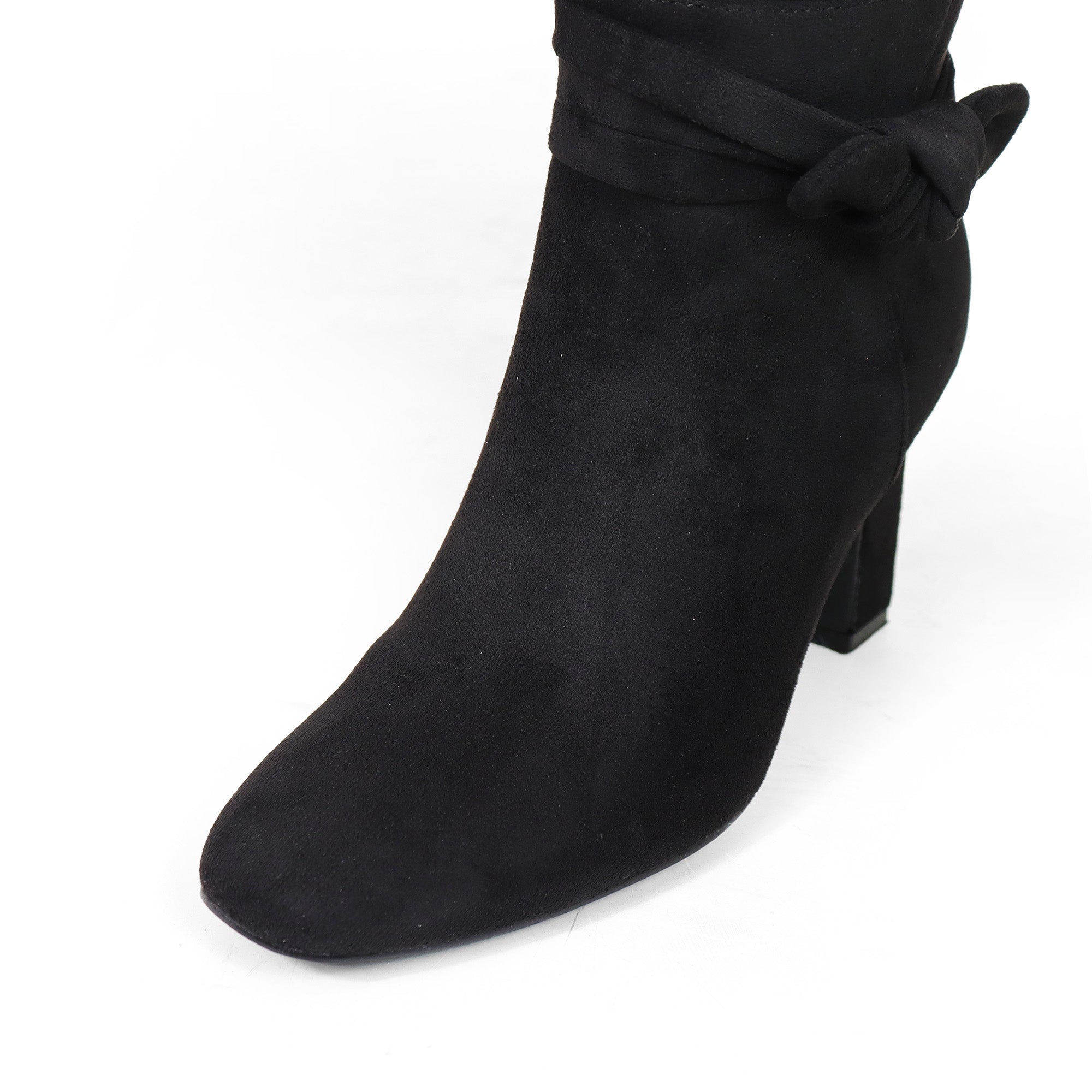 JANETH-1 SUEDE ANCKLE KNOT CHUNKY HEEL BOOTS BLACK