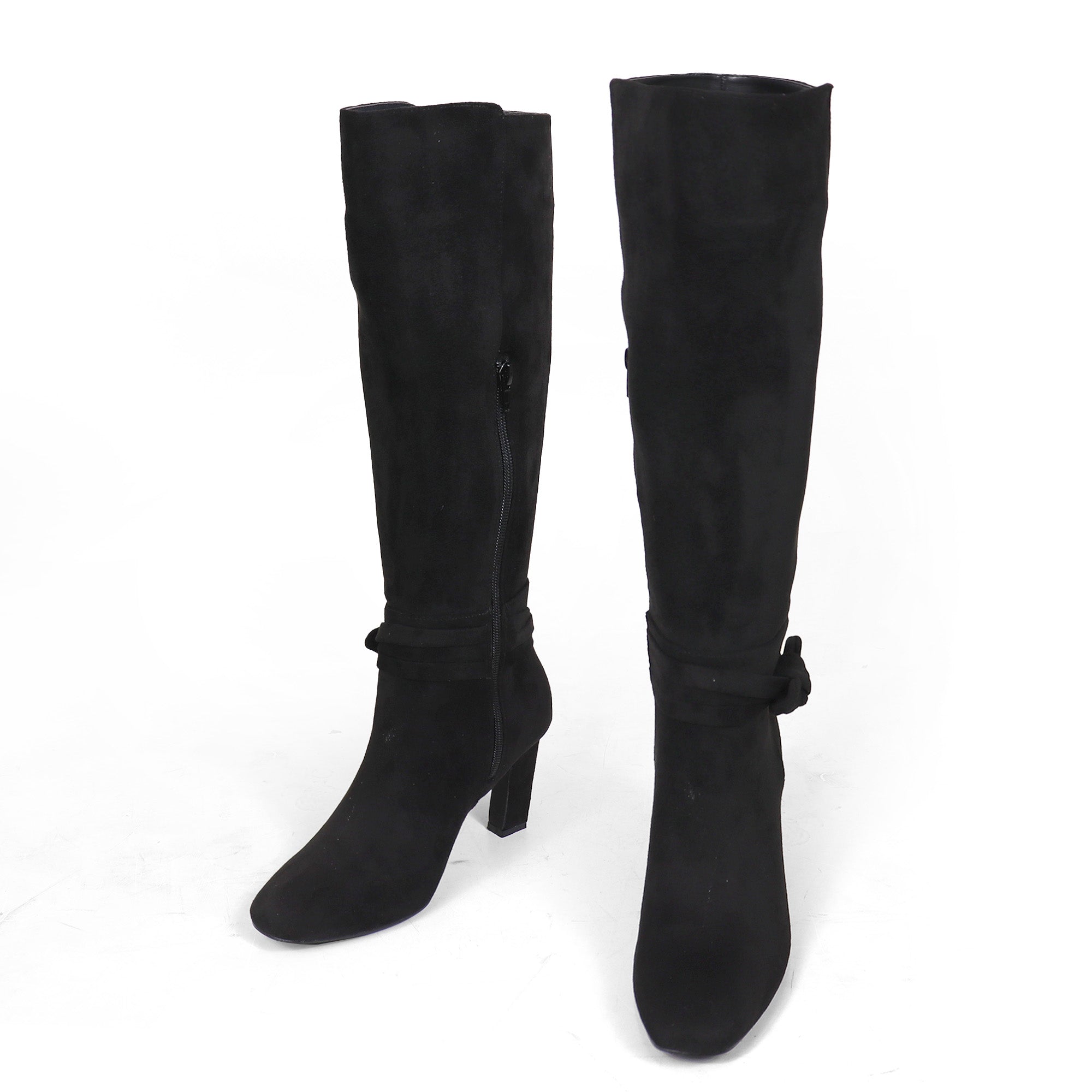 JANETH-1 SUEDE ANCKLE KNOT CHUNKY HEEL BOOTS BLACK
