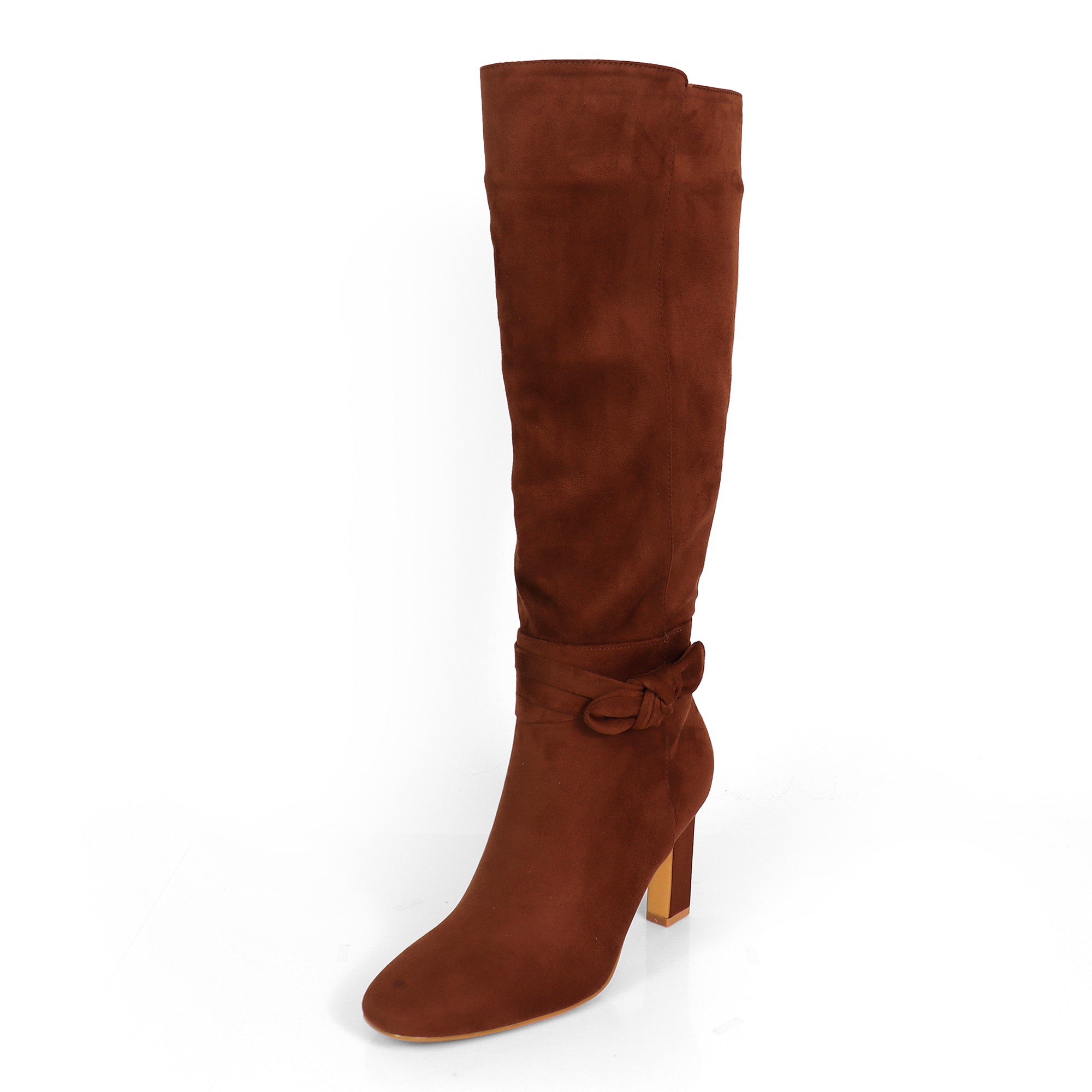 JANETH-1 SUEDE ANCKLE KNOT CHUNKY HEEL BOOTS COGNAC