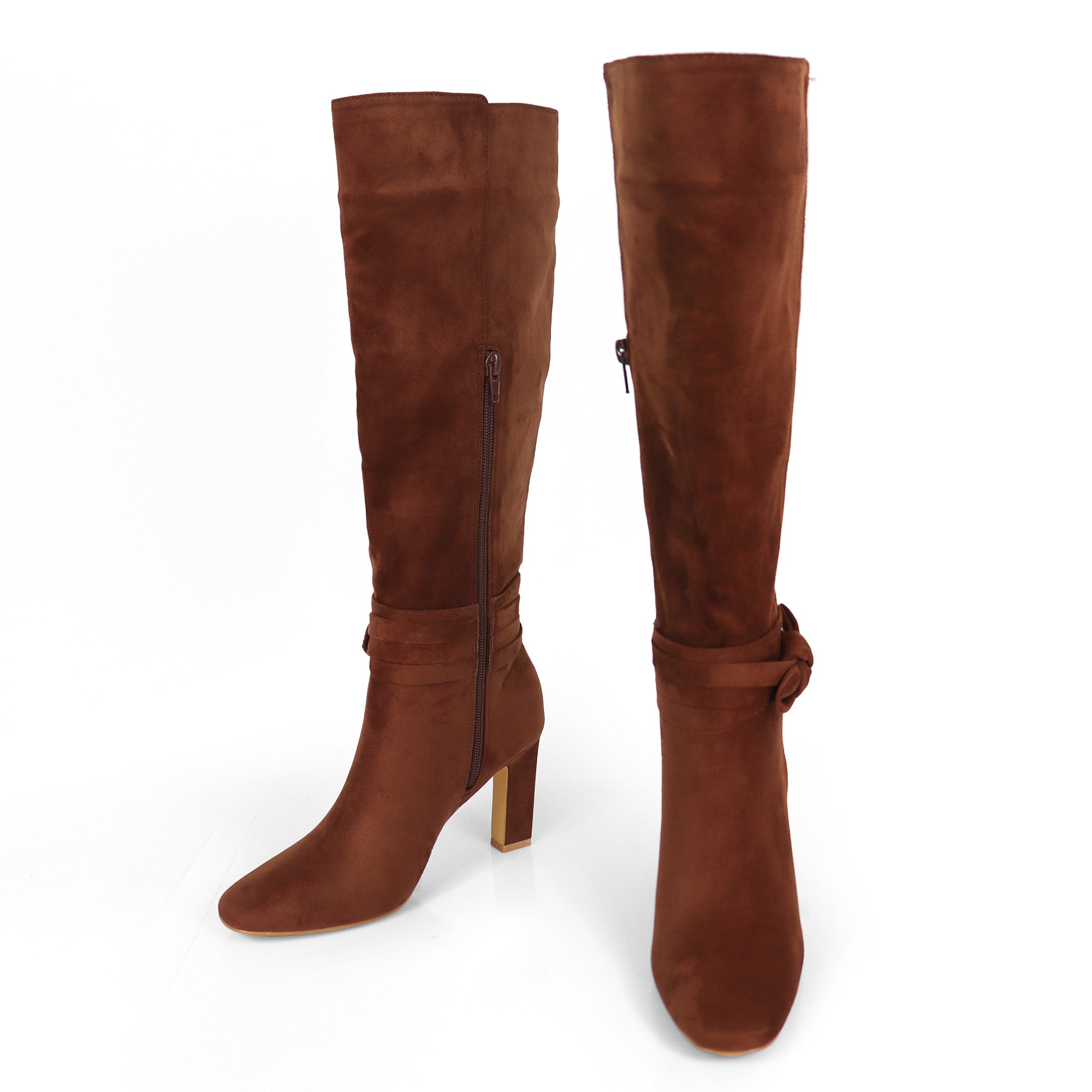 JANETH-1 SUEDE ANCKLE KNOT CHUNKY HEEL BOOTS COGNAC