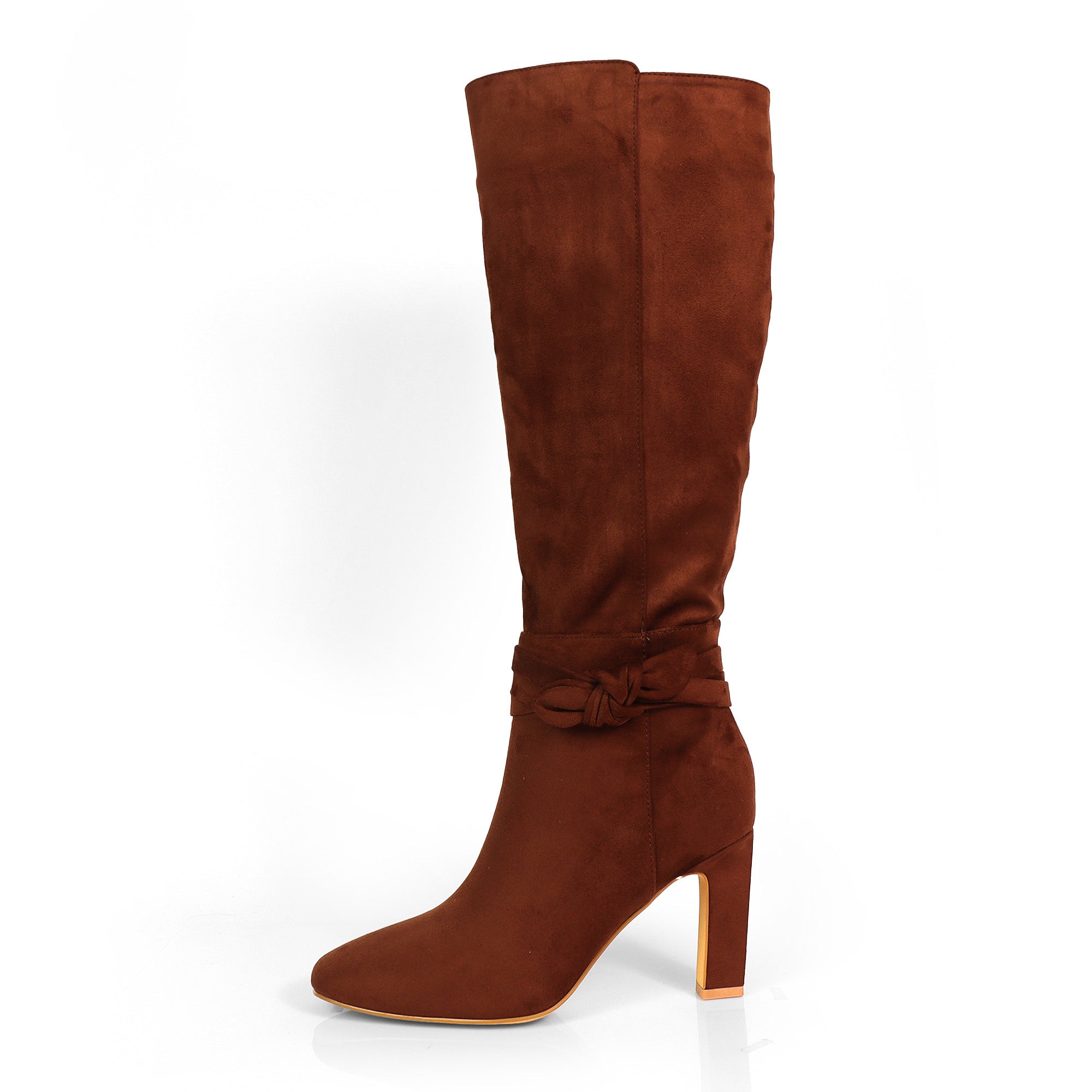 JANETH-1 SUEDE ANCKLE KNOT CHUNKY HEEL BOOTS COGNAC