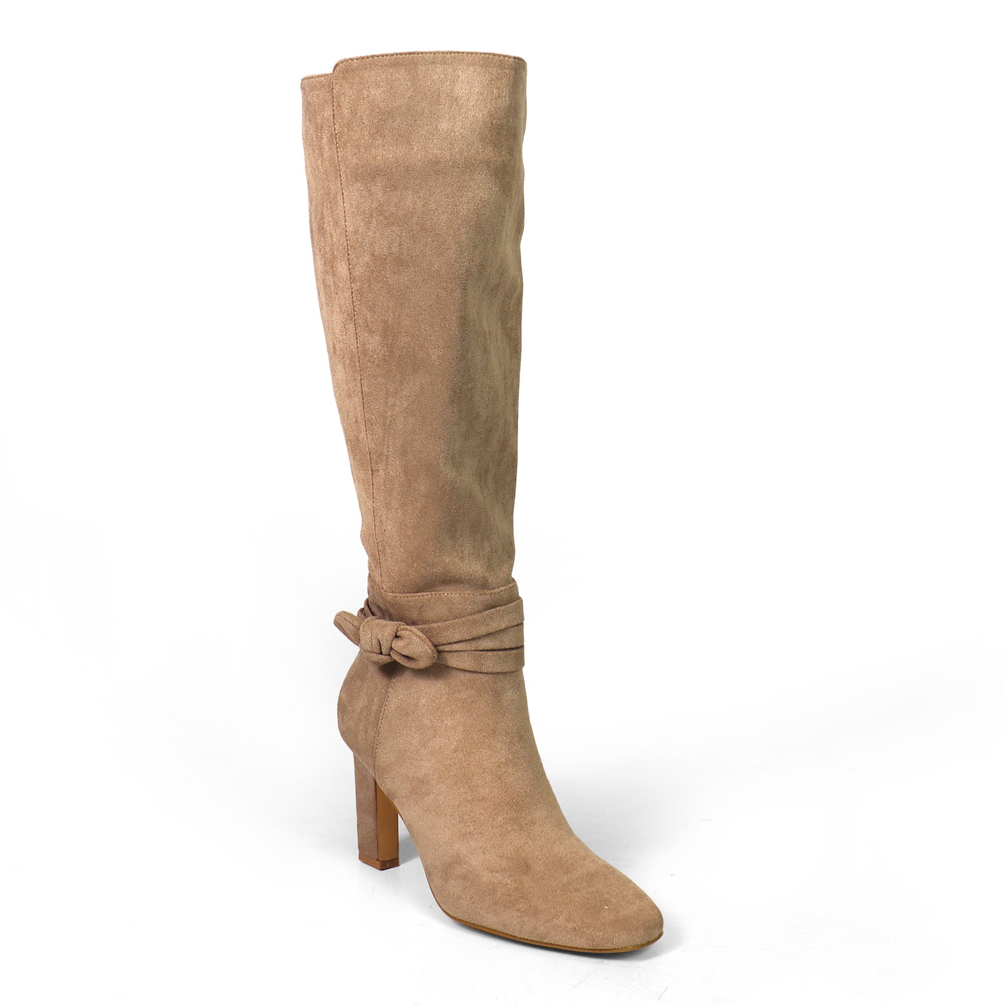 JANETH-1 SUEDE ANCKLE KNOT CHUNKY HEEL BOOTS TAUPE