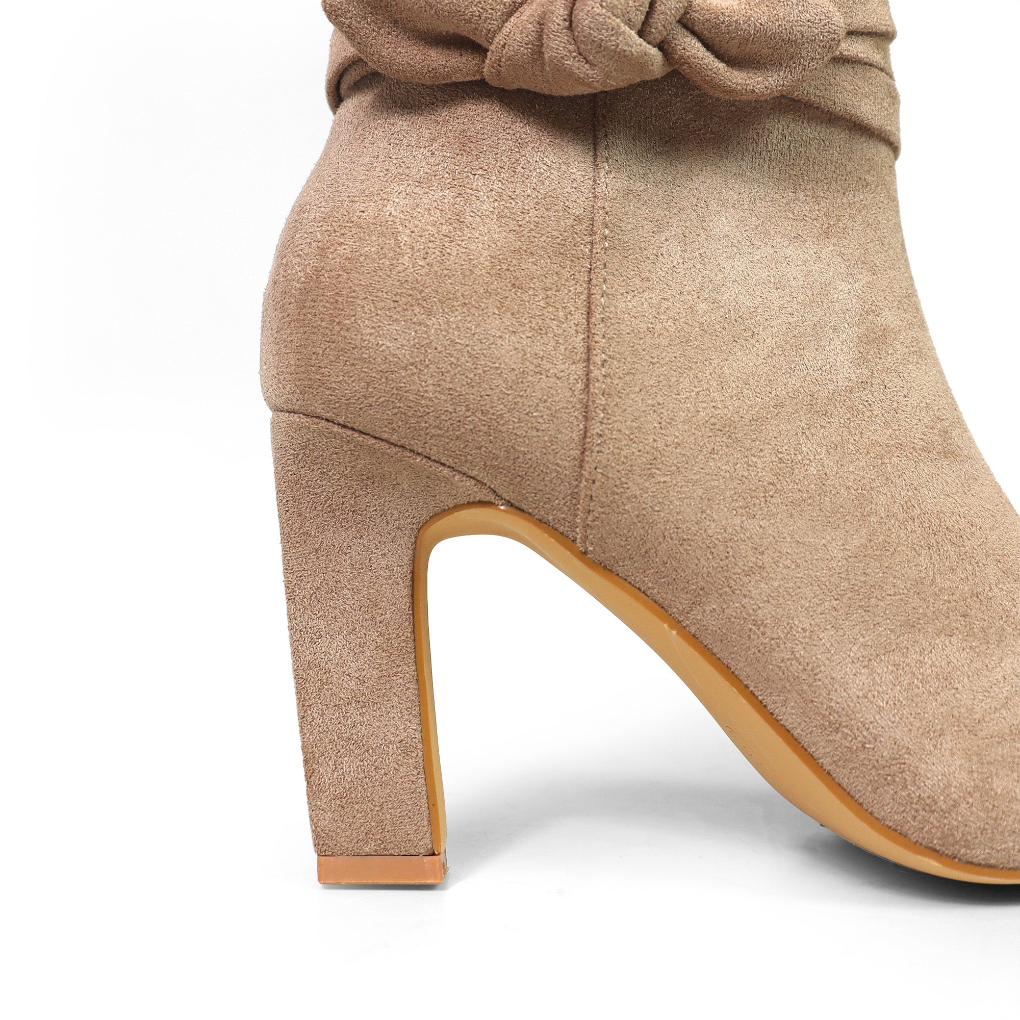 JANETH-1 SUEDE ANCKLE KNOT CHUNKY HEEL BOOTS TAUPE