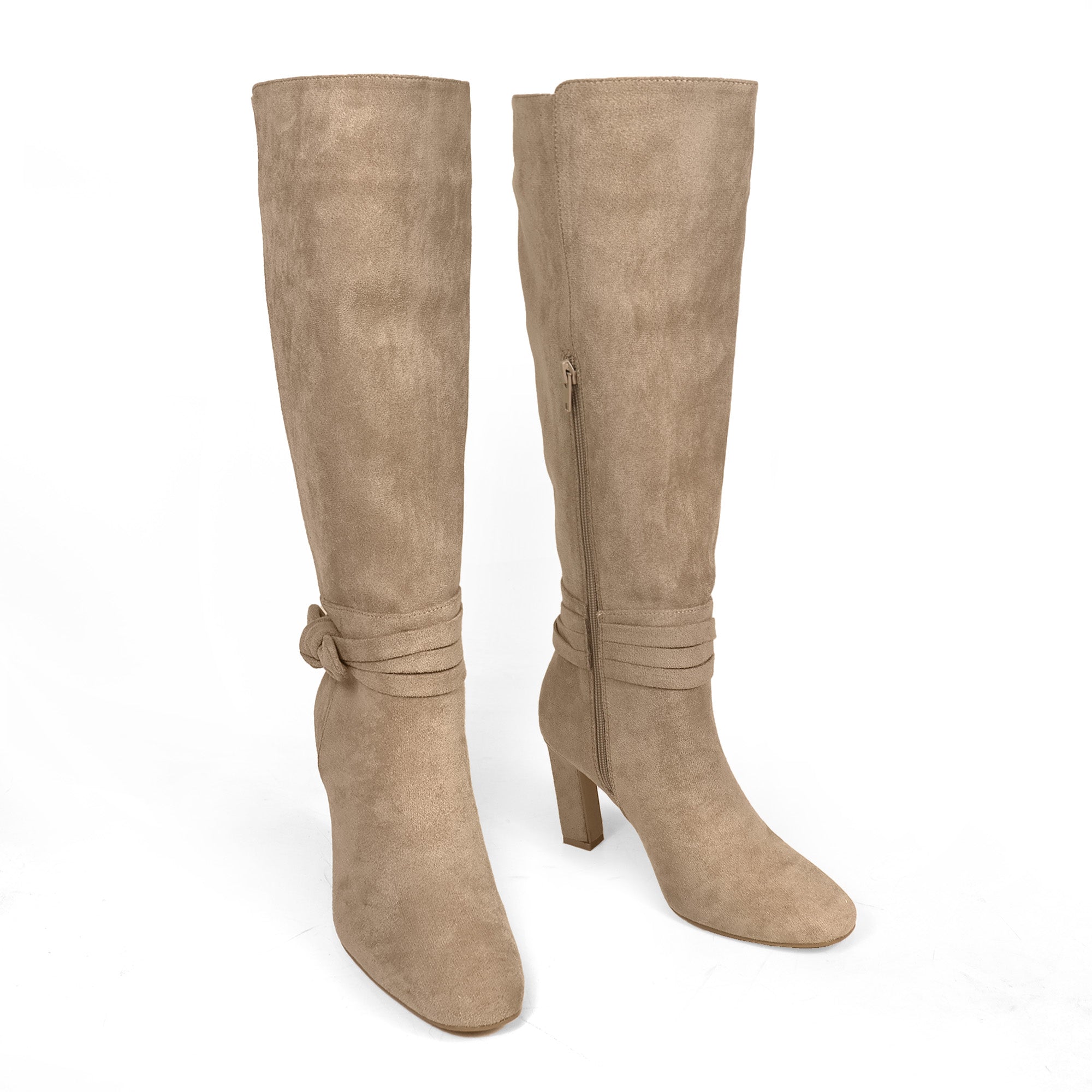 JANETH-1 SUEDE ANCKLE KNOT CHUNKY HEEL BOOTS TAUPE