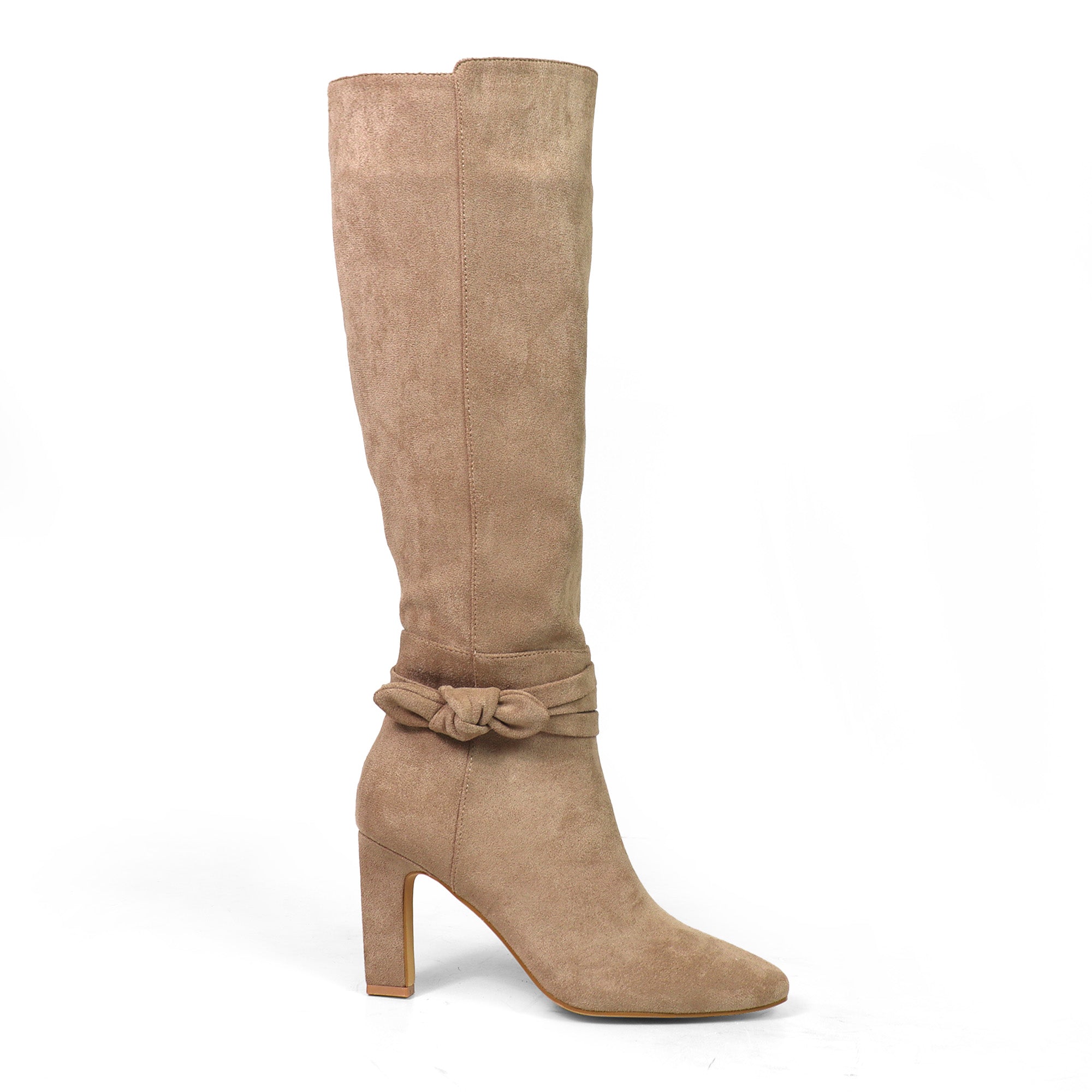 JANETH-1 SUEDE ANCKLE KNOT CHUNKY HEEL BOOTS TAUPE