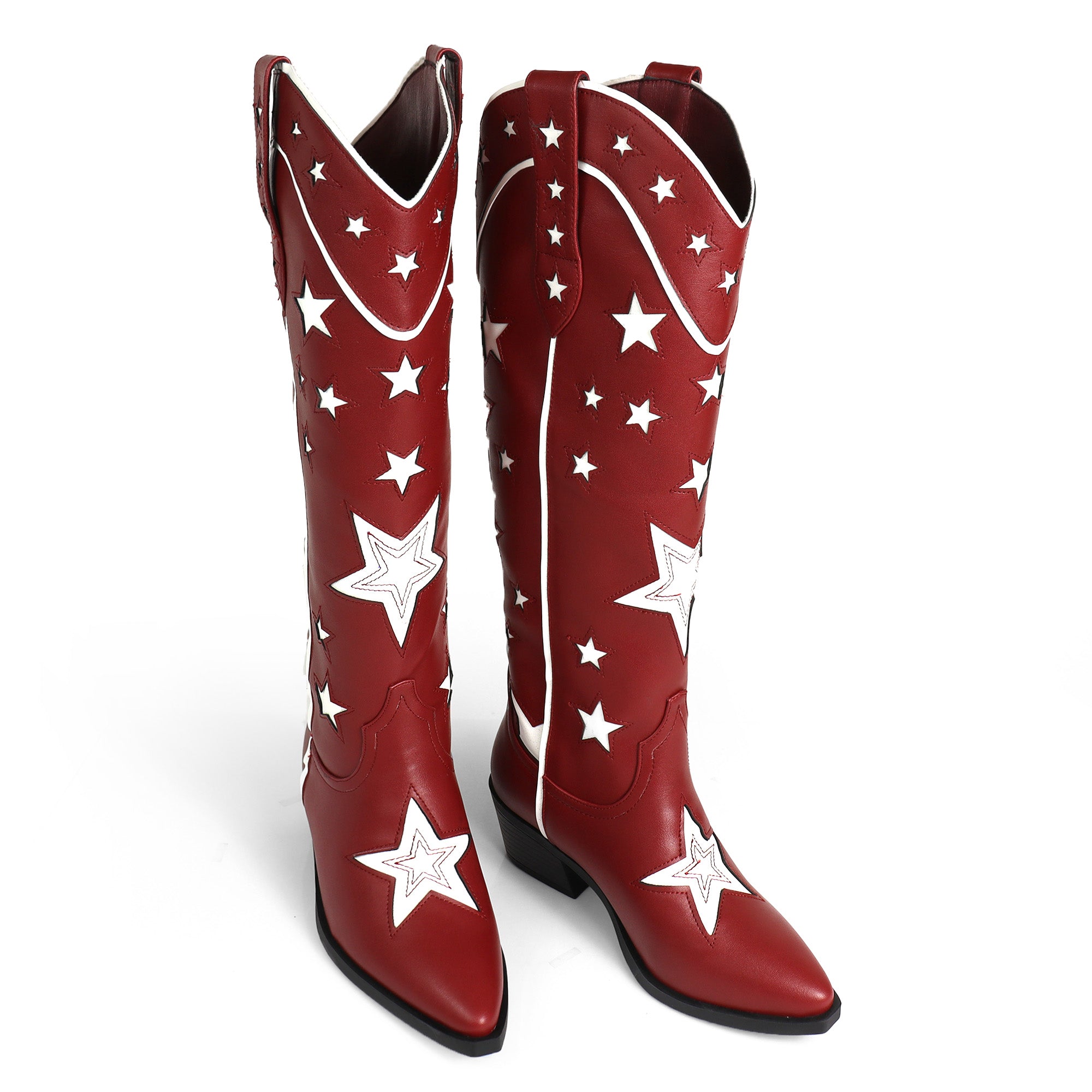 JINKO-1  COWBOY MID CALF WESTERN STAR EMBROIDERED BURGUNDY