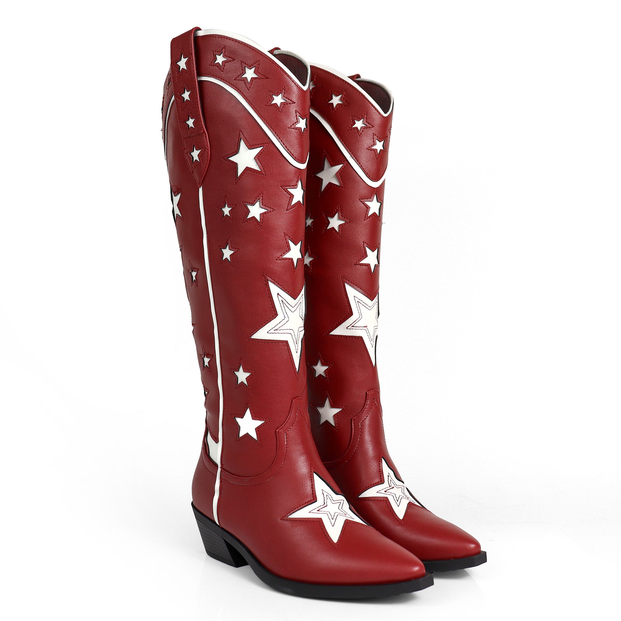 JINKO-1  COWBOY MID CALF WESTERN STAR EMBROIDERED BURGUNDY