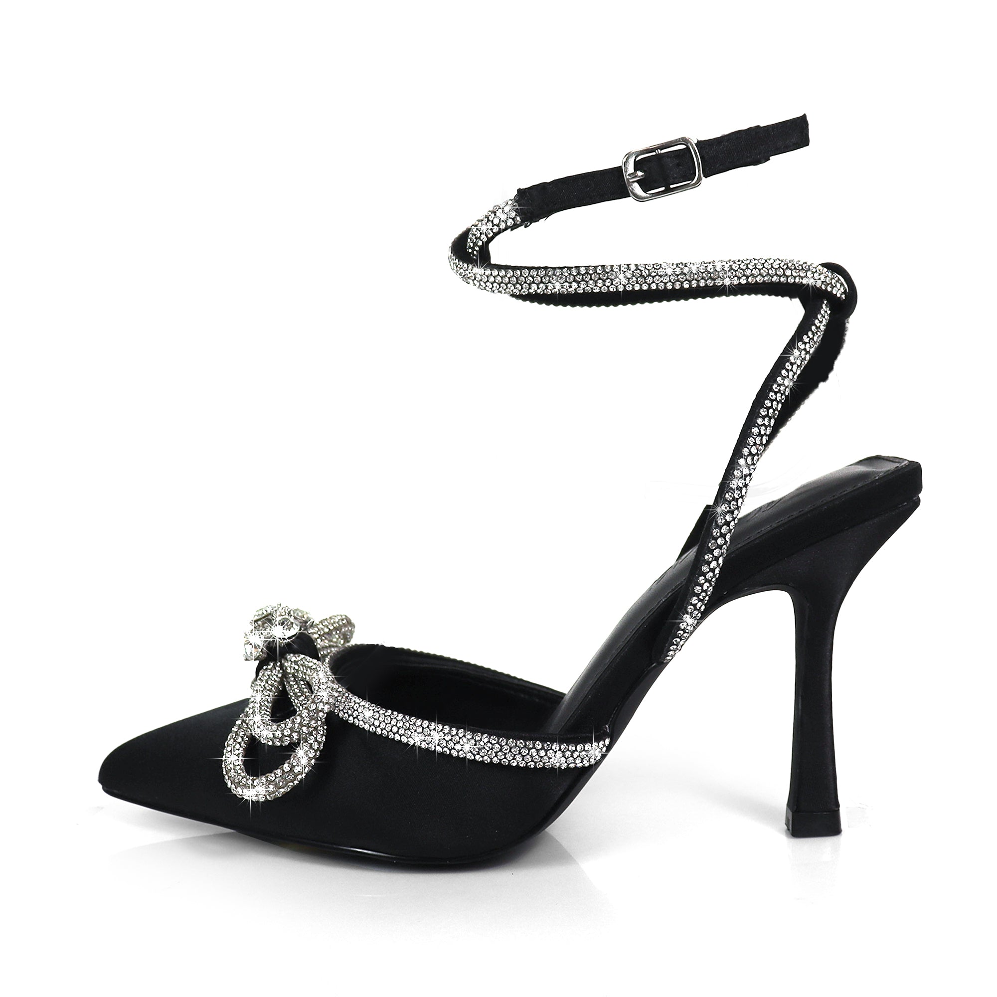 JOCELYN-26 CRYSTAL BOW SILK UPPER LACE UP PUMPS BLACK