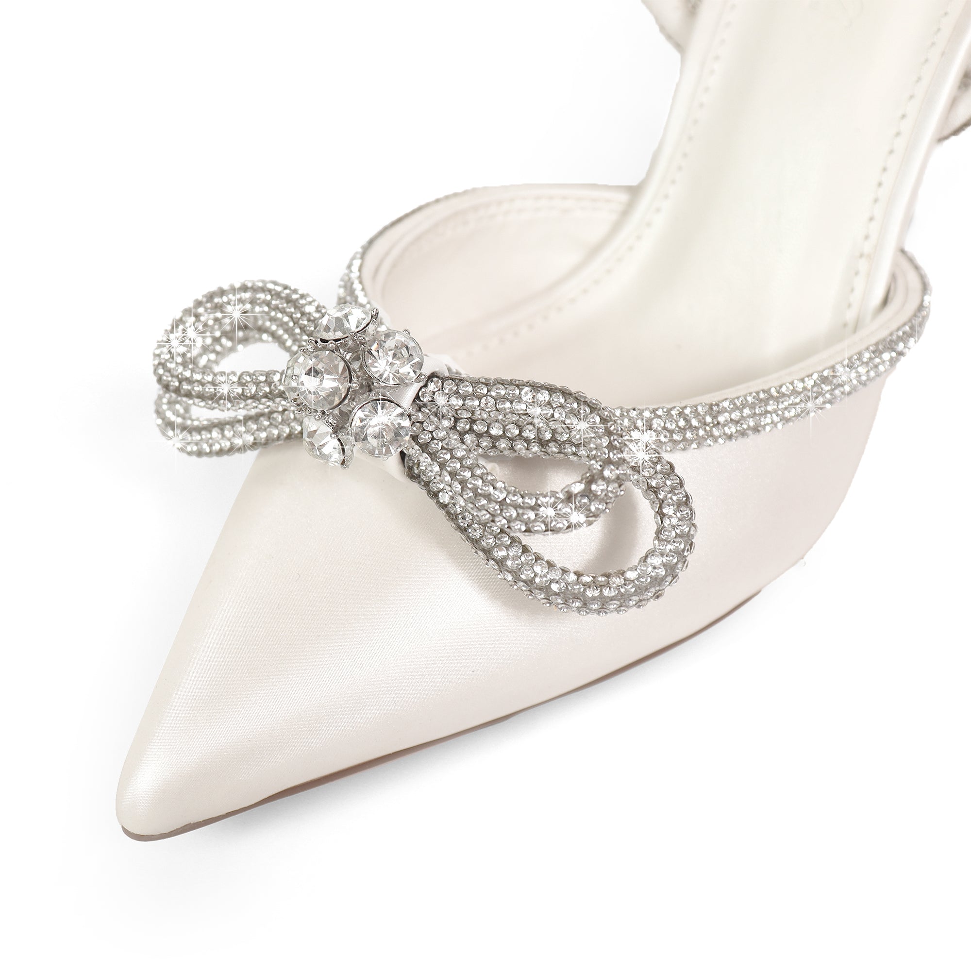JOCELYN-26 CRYSTAL BOW SILK UPPER LACE UP PUMPS CLEAR IVORY