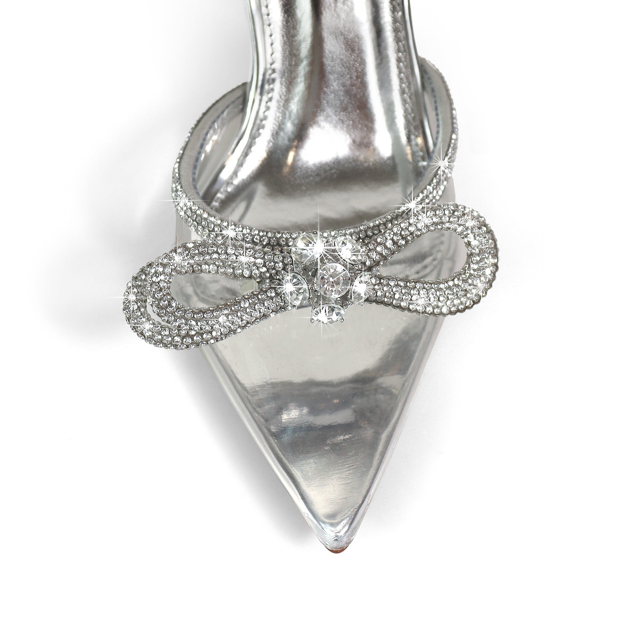 JOCELYN-26 CRYSTAL BOW SILK UPPER LACE UP PUMPS CLEAR SILVER