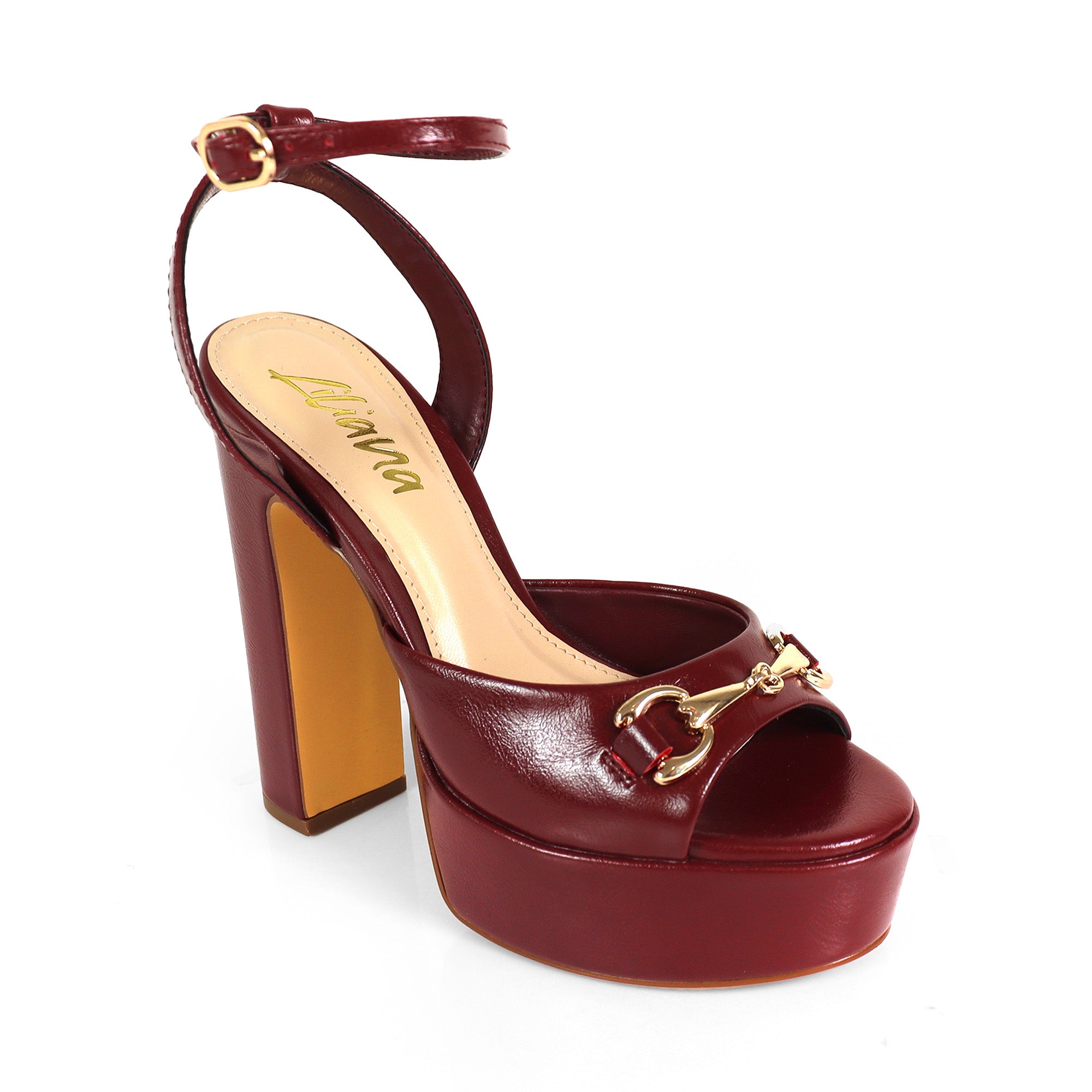 JOSY-13 HORSEBIT ANKLE STRAP PLATFORM CHUNKY HEEL BURGUNDY