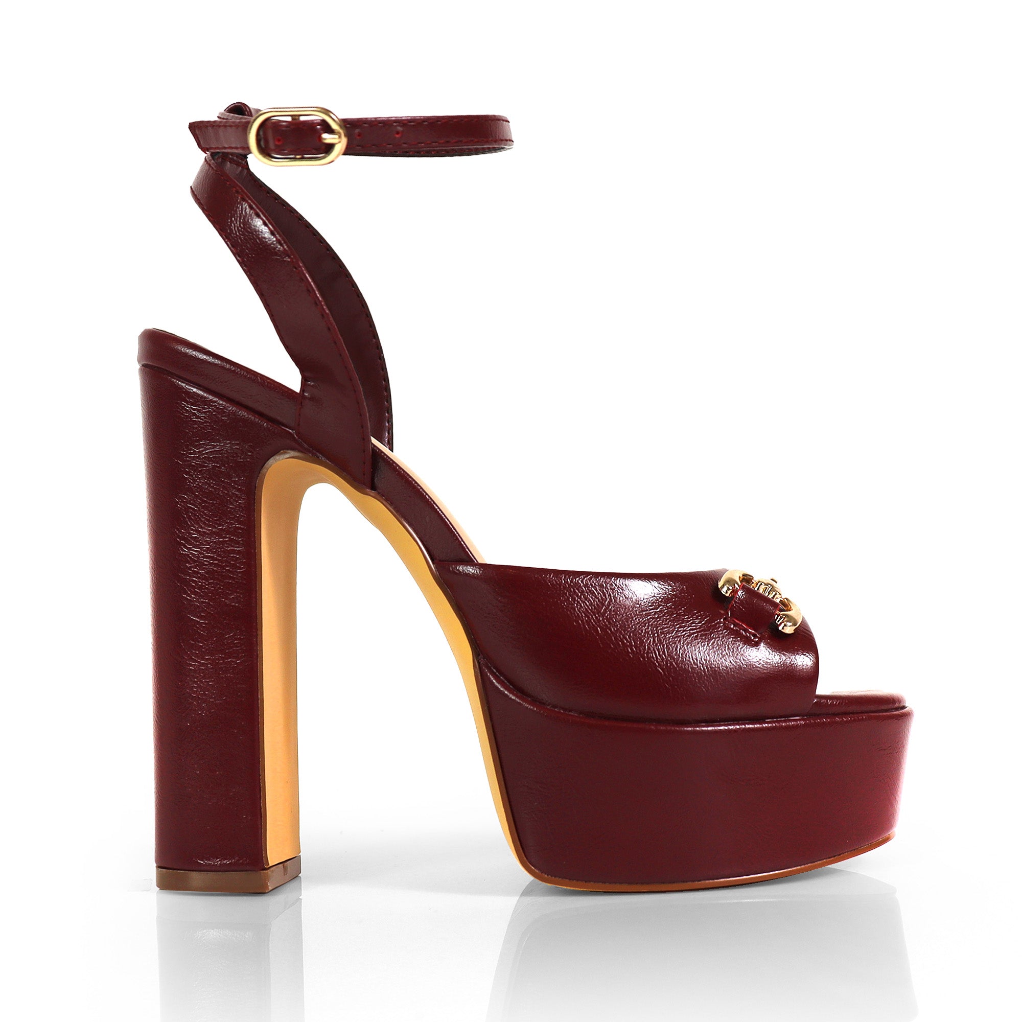 JOSY-13 HORSEBIT ANKLE STRAP PLATFORM CHUNKY HEEL BURGUNDY