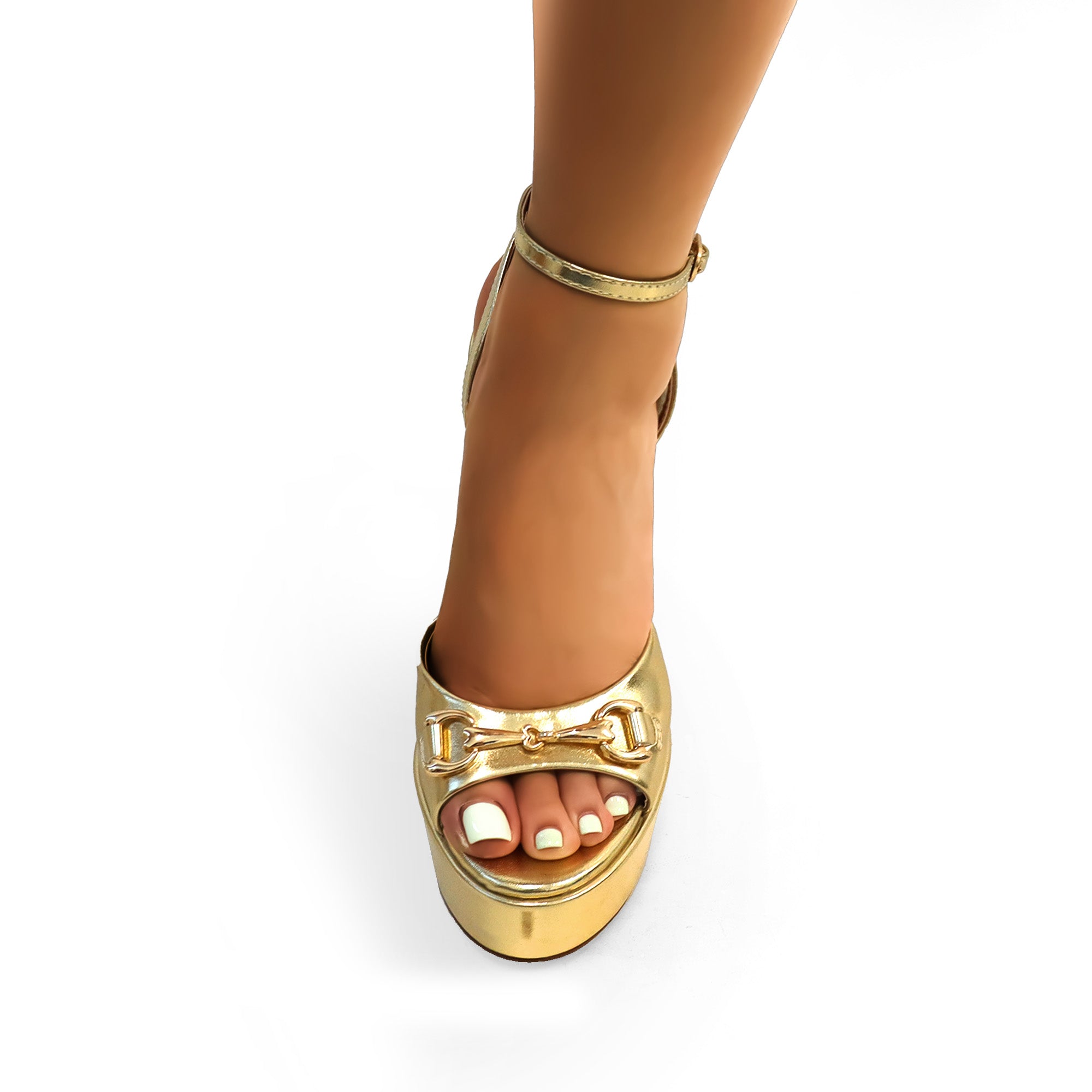 JOSY-13 HORSEBIT ANKLE STRAP PLATFORM CHUNKY HEEL GOLD