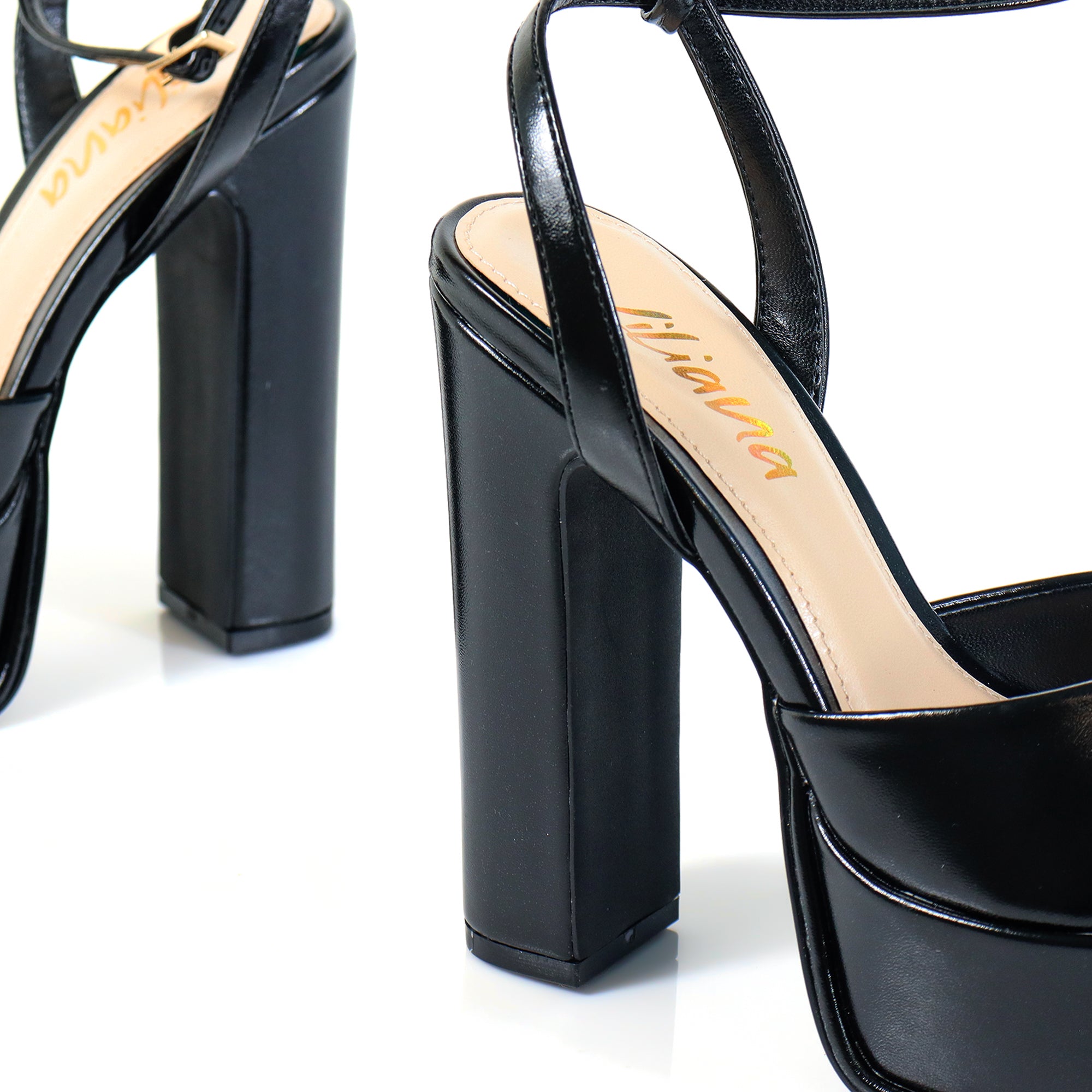 JOSY-6 PEEP TOE PLATFORM CHUNKY HEEL WITH ANKLE STRAP BLACK