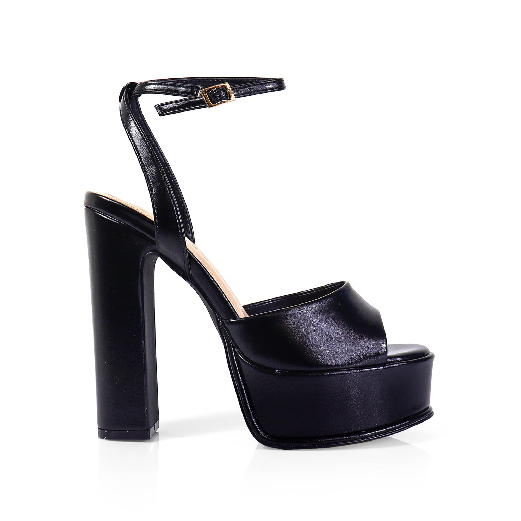 JOSY-6 PEEP TOE PLATFORM CHUNKY HEEL WITH ANKLE STRAP BLACK