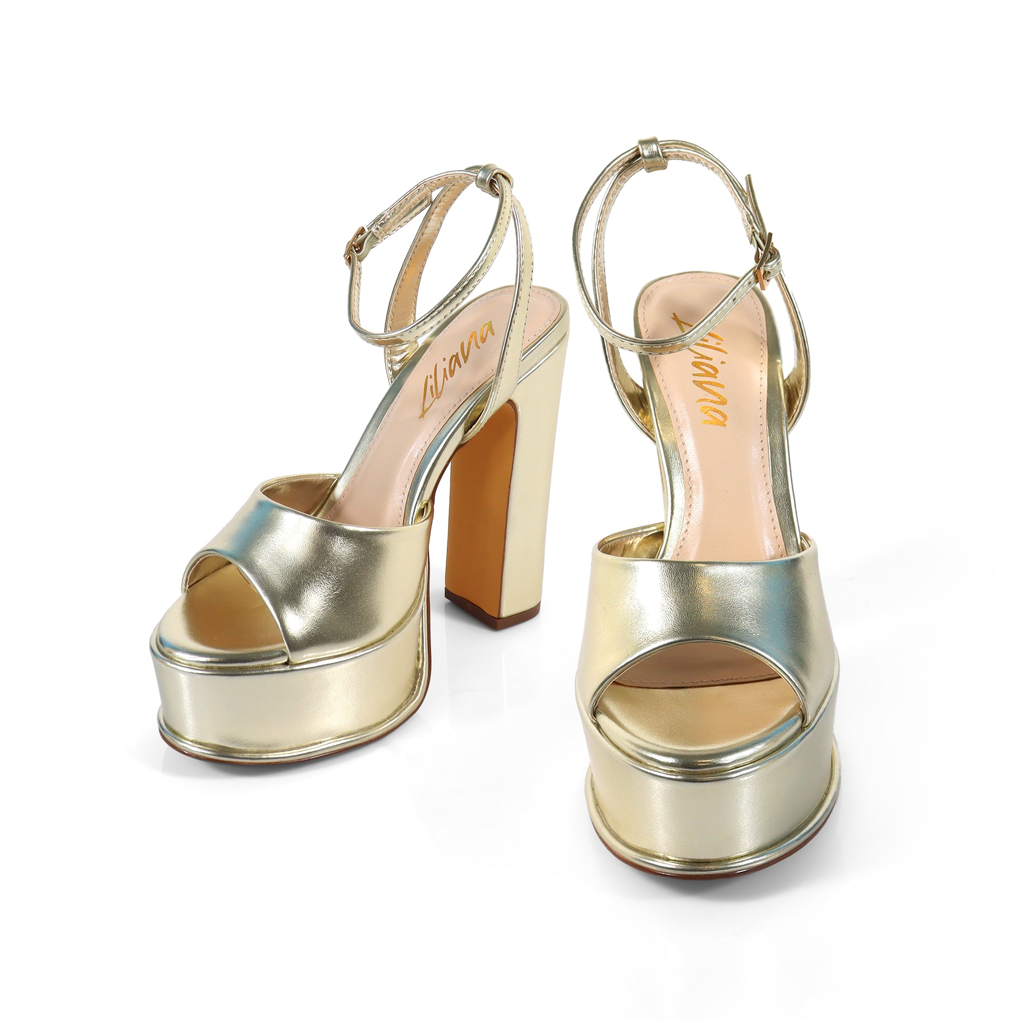 JOSY-6 PEEP TOE PLATFORM CHUNKY HEEL WITH ANKLE STRAP GOLD