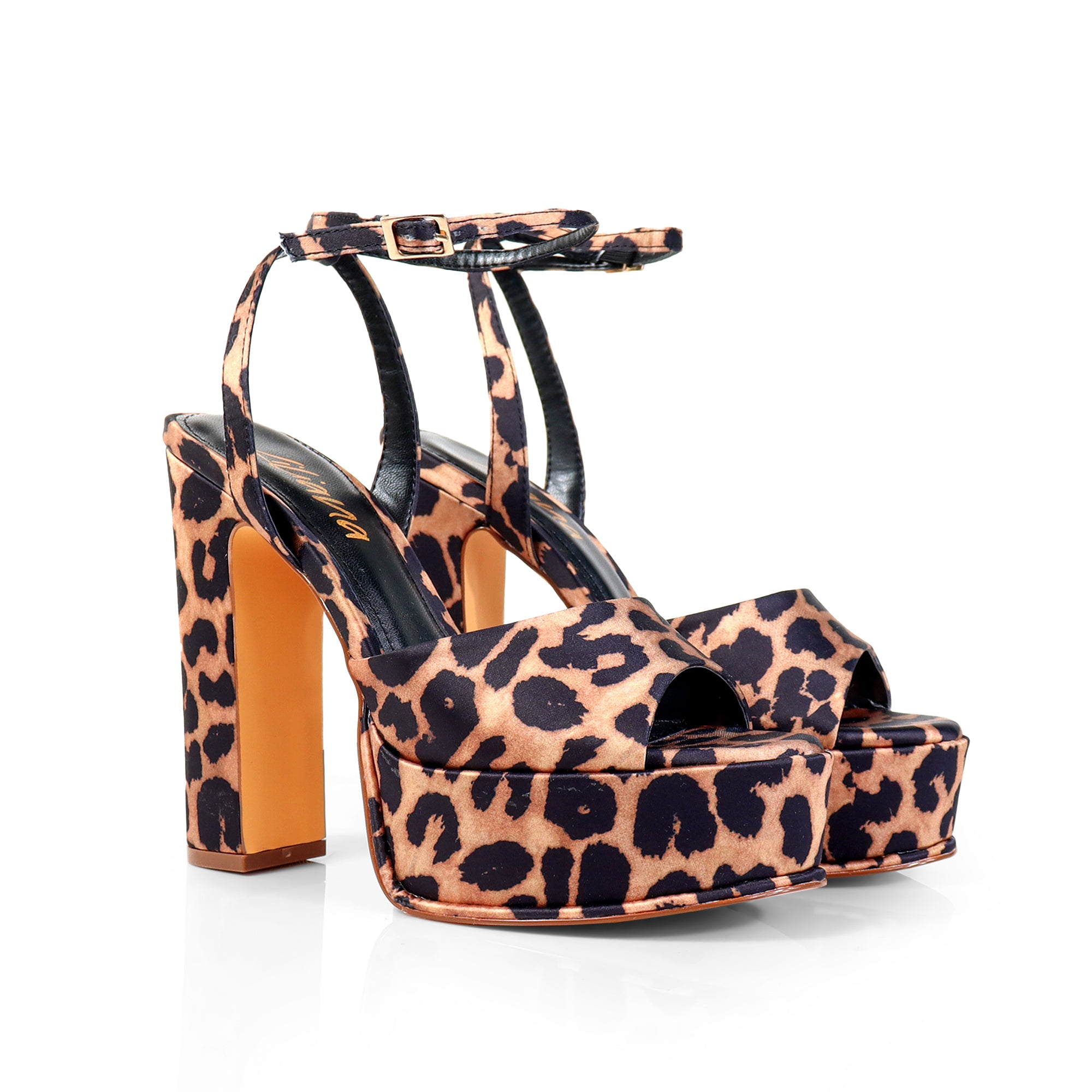 JOSY-6 PEEP TOE PLATFORM CHUNKY HEEL WITH ANKLE STRAP LEOPARD