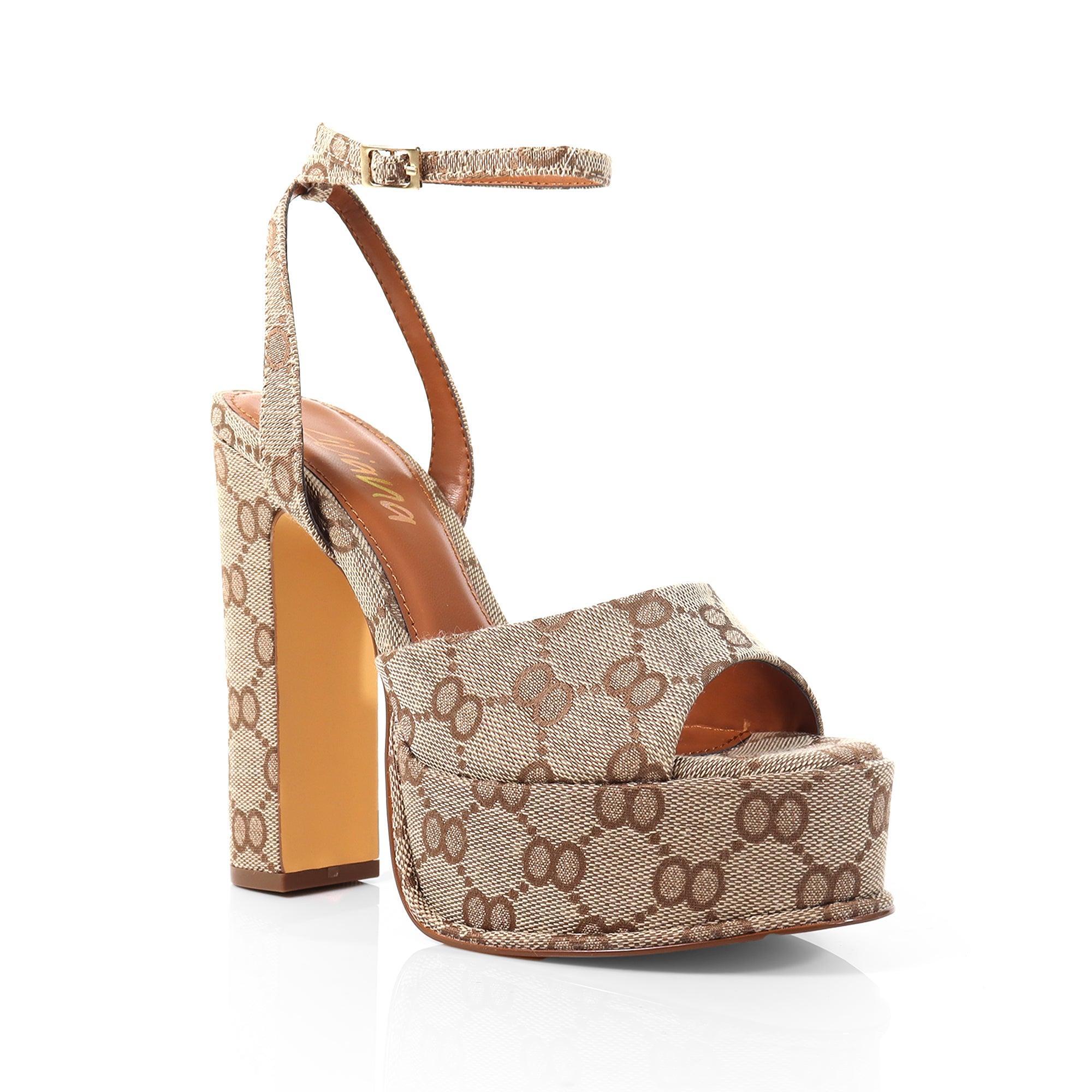 JOSY-6 PEEP TOE PLATFORM CHUNKY HEEL WITH ANKLE STRAP MONOGRAM