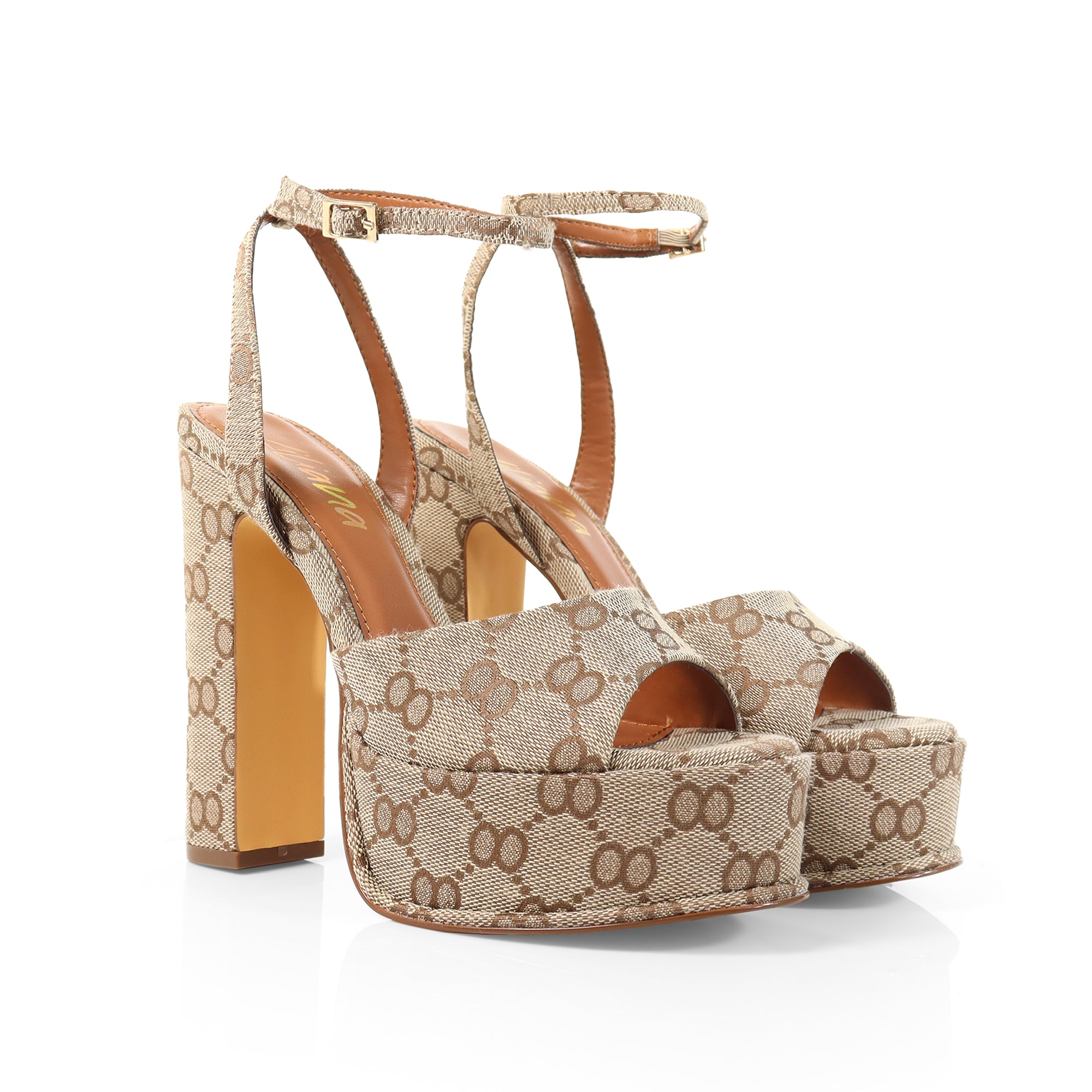 JOSY-6 PEEP TOE PLATFORM CHUNKY HEEL WITH ANKLE STRAP MONOGRAM