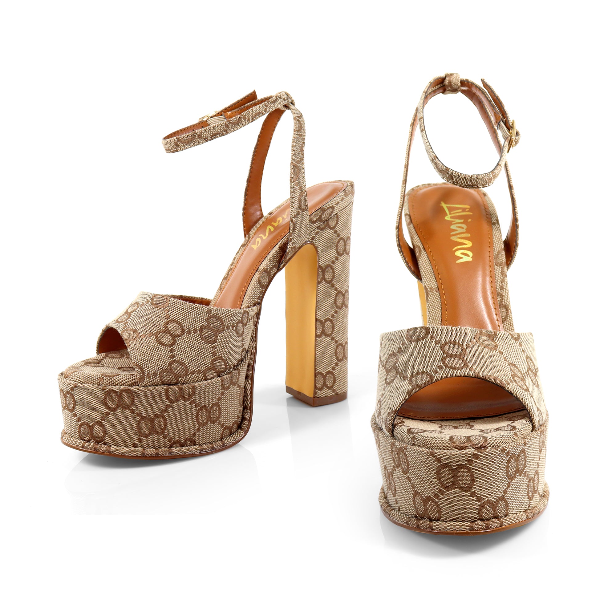 JOSY-6 PEEP TOE PLATFORM CHUNKY HEEL WITH ANKLE STRAP MONOGRAM