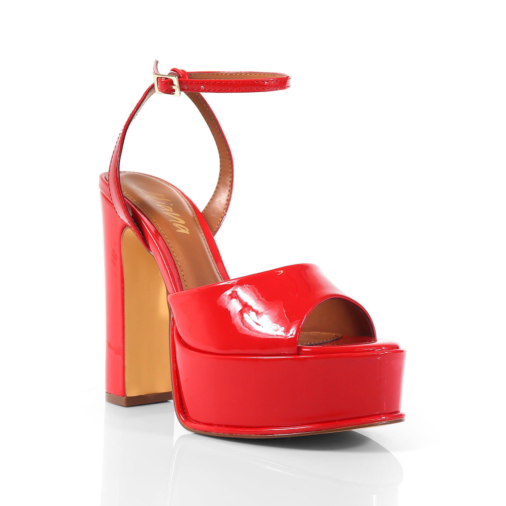 JOSY-6 PEEP TOE PLATFORM CHUNKY HEEL WITH ANKLE STRAP RED
