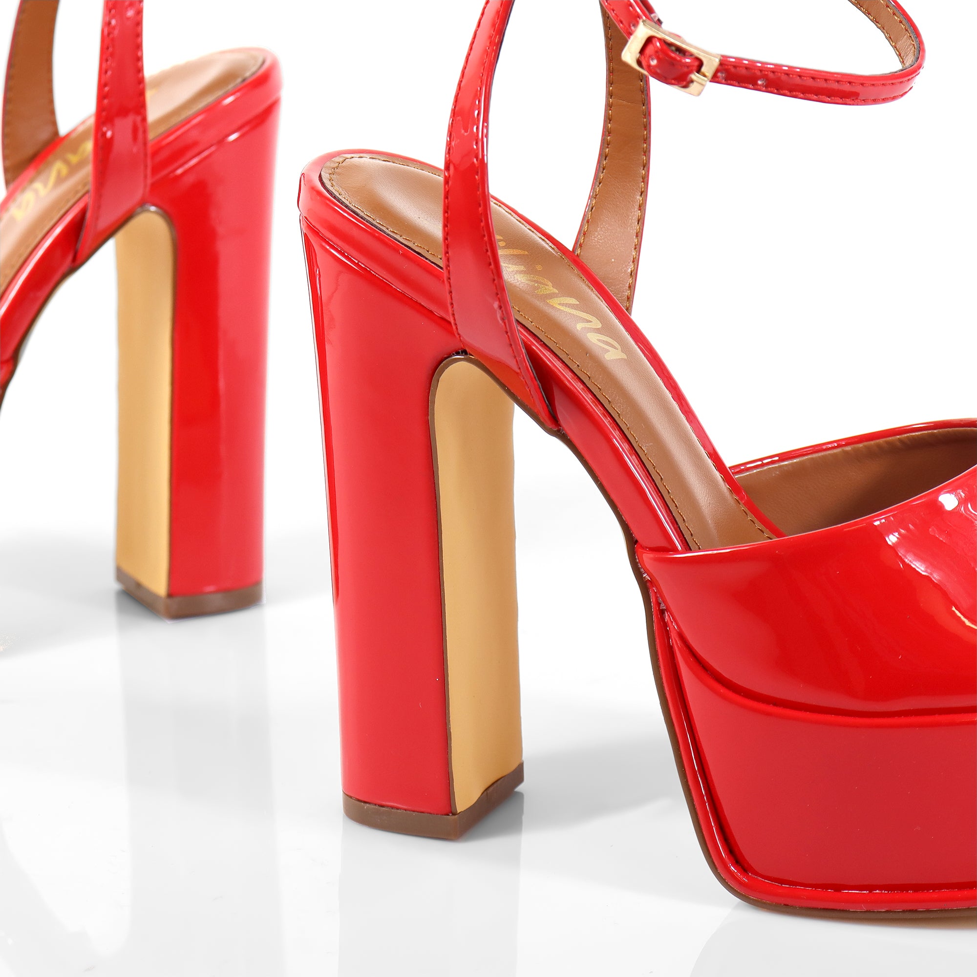 JOSY-6 PEEP TOE PLATFORM CHUNKY HEEL WITH ANKLE STRAP RED