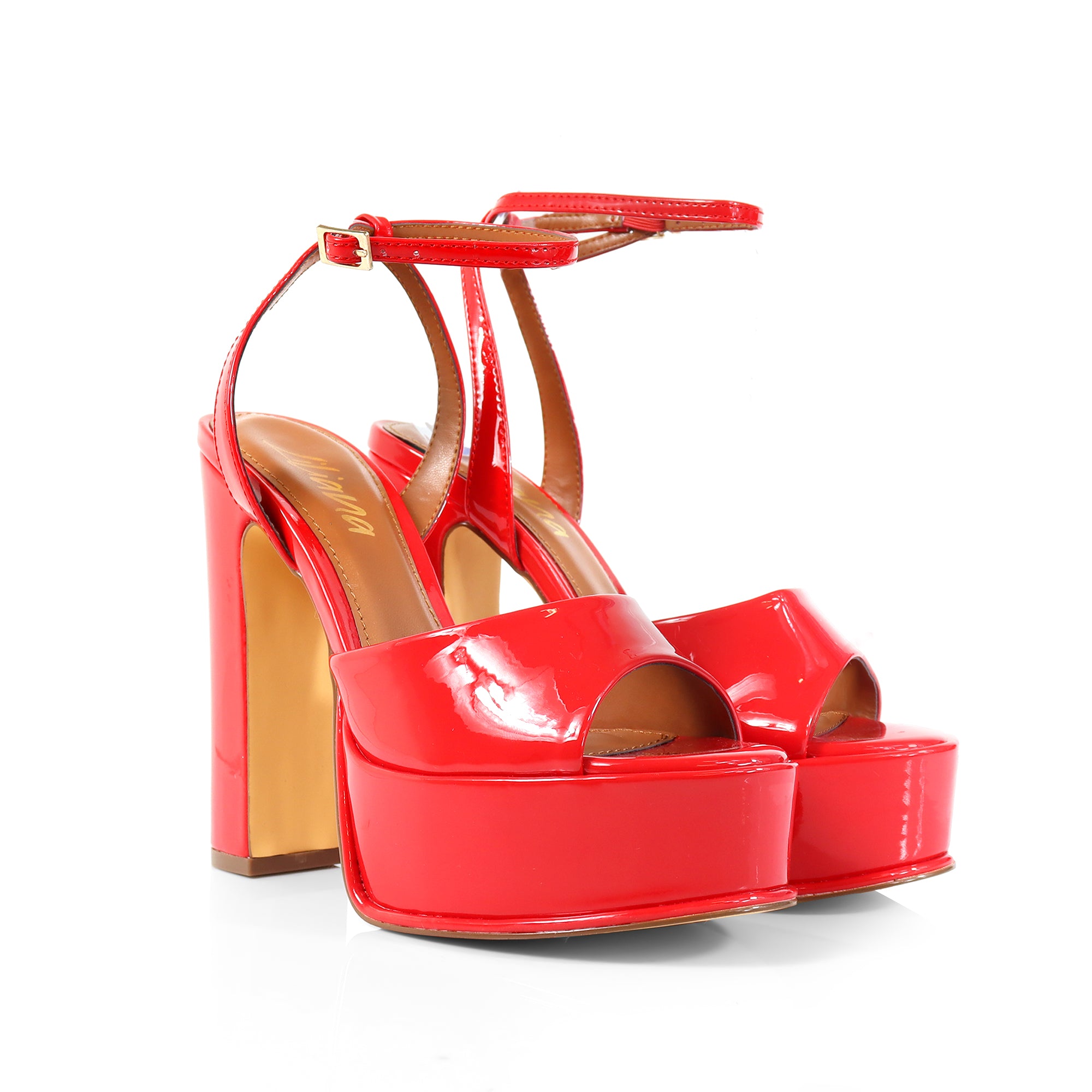 JOSY-6 PEEP TOE PLATFORM CHUNKY HEEL WITH ANKLE STRAP RED