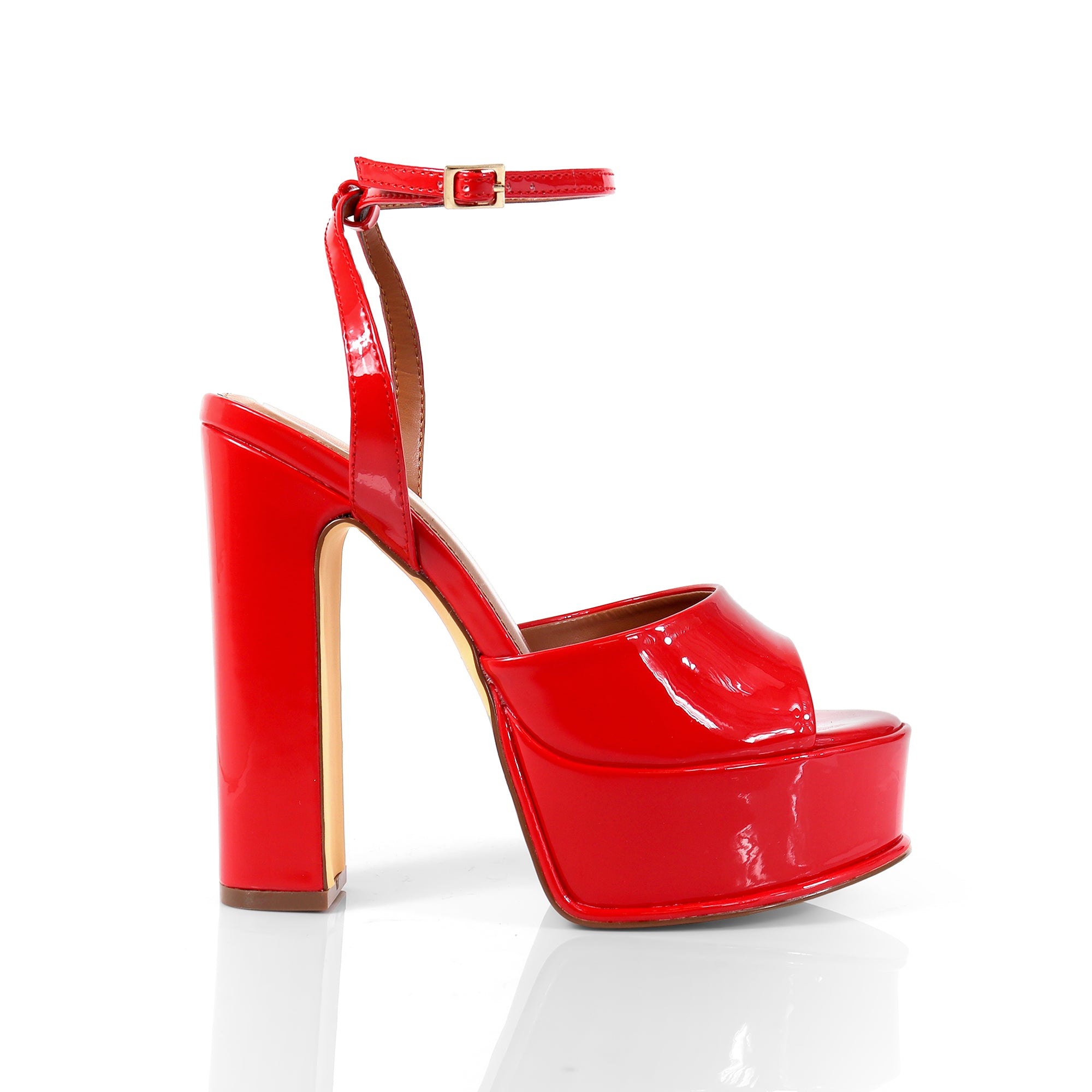 JOSY-6 PEEP TOE PLATFORM CHUNKY HEEL WITH ANKLE STRAP RED
