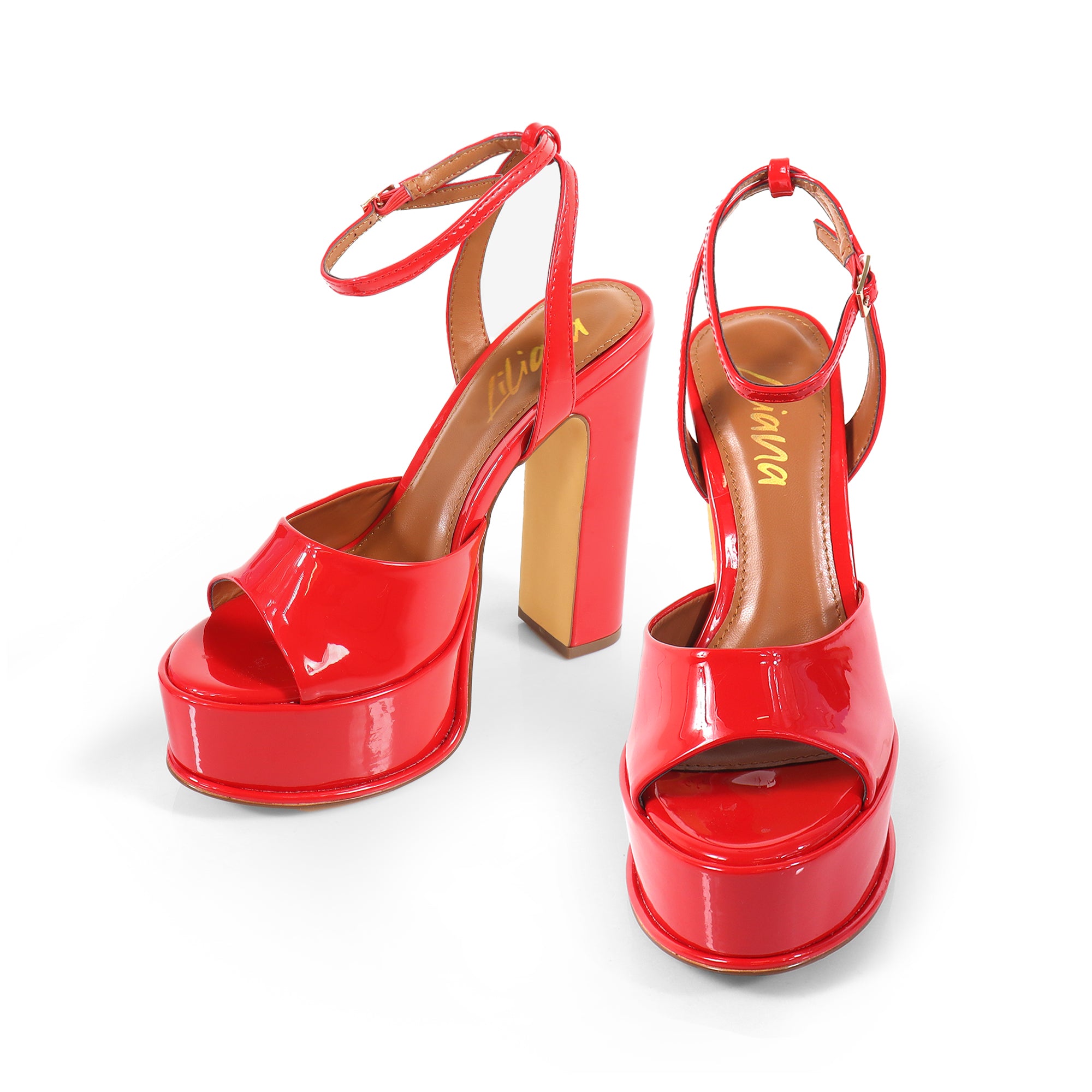 JOSY-6 PEEP TOE PLATFORM CHUNKY HEEL WITH ANKLE STRAP RED